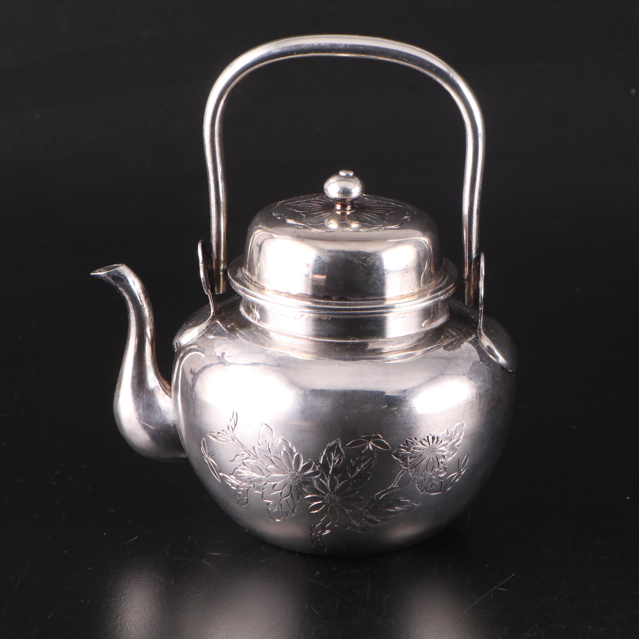 Japanese Etched Floral Motif Sterling Silver Teapot, 20th Century