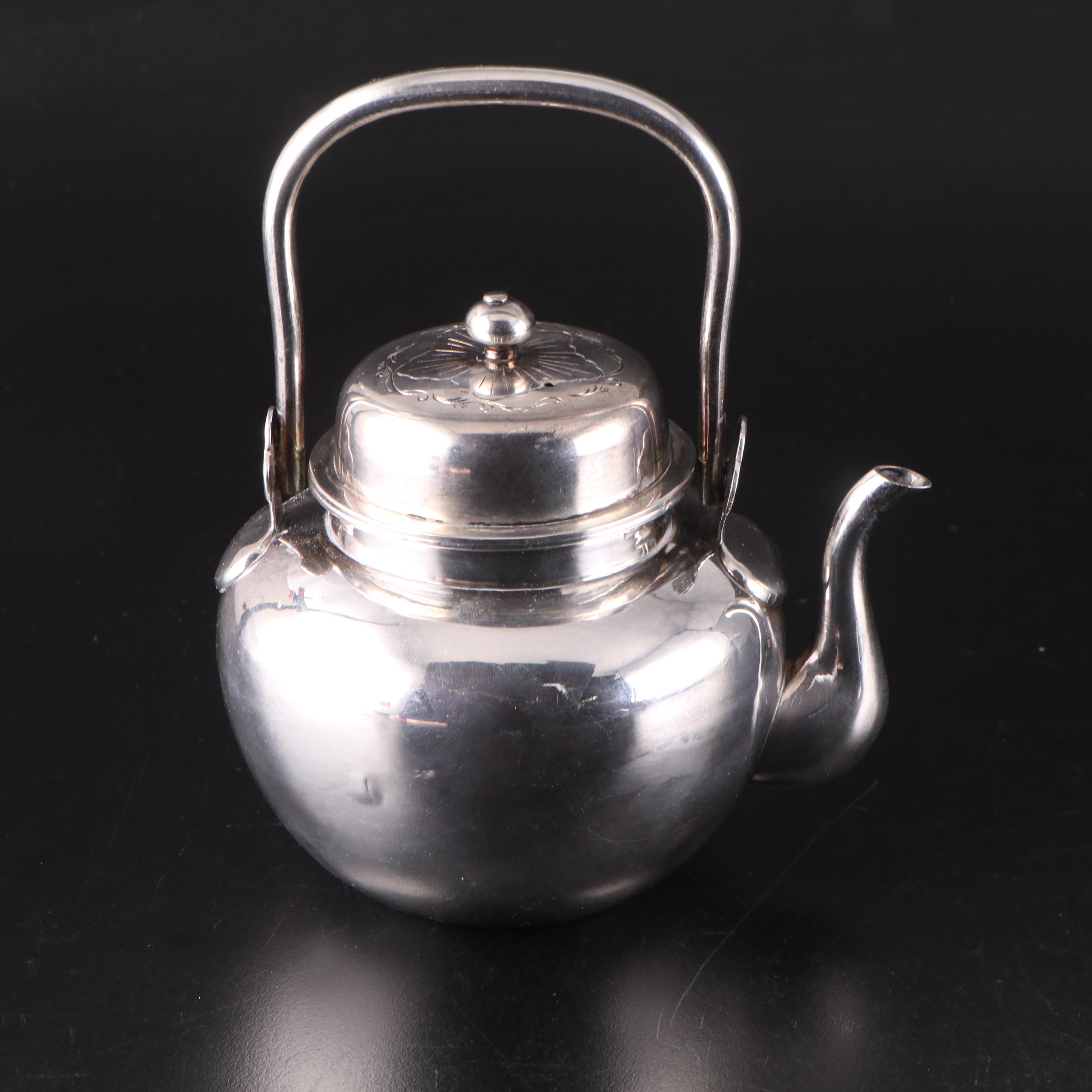 Japanese Etched Floral Motif Sterling Silver Teapot, 20th Century