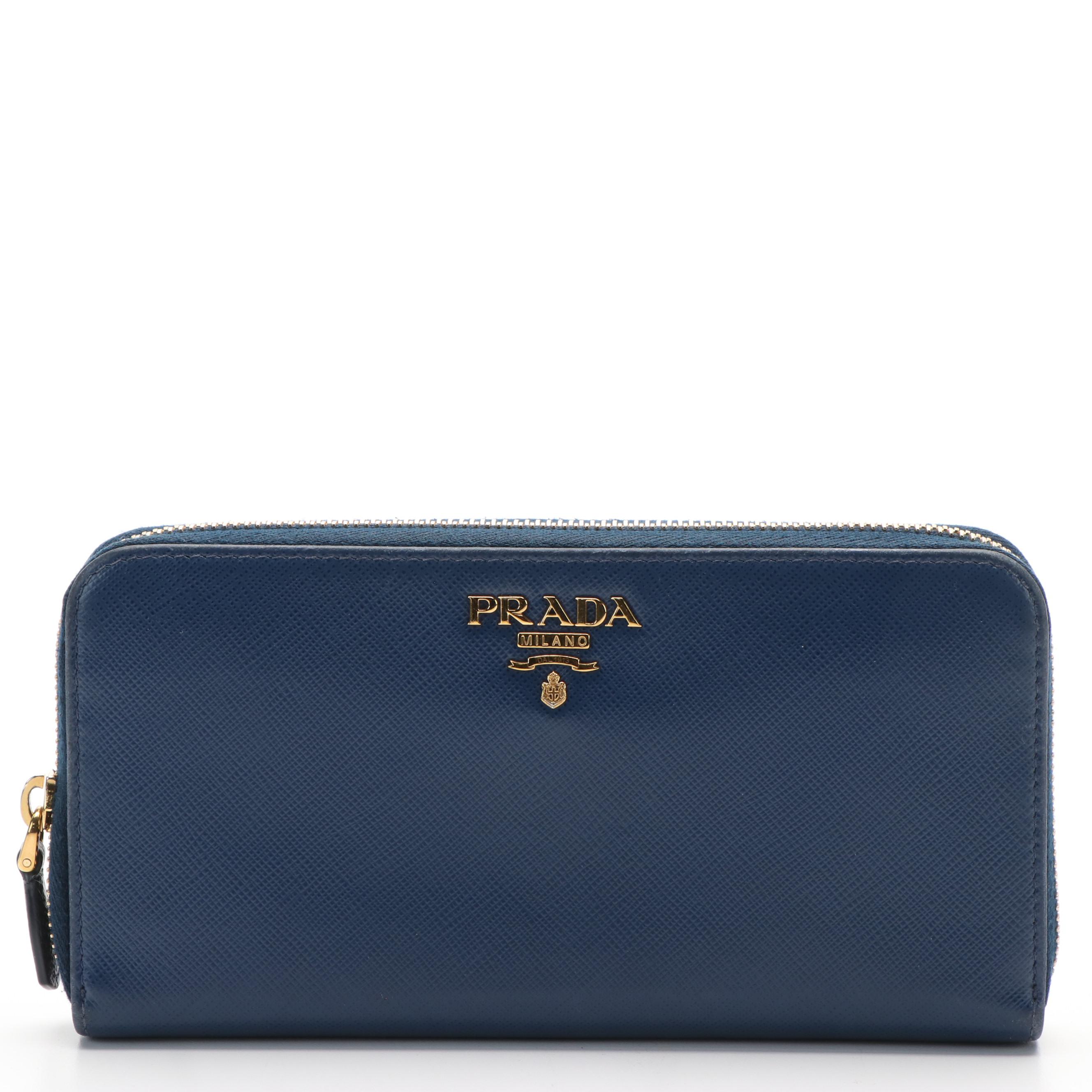 Prada Logo Blue Safiano Leather Zip Around Wallet