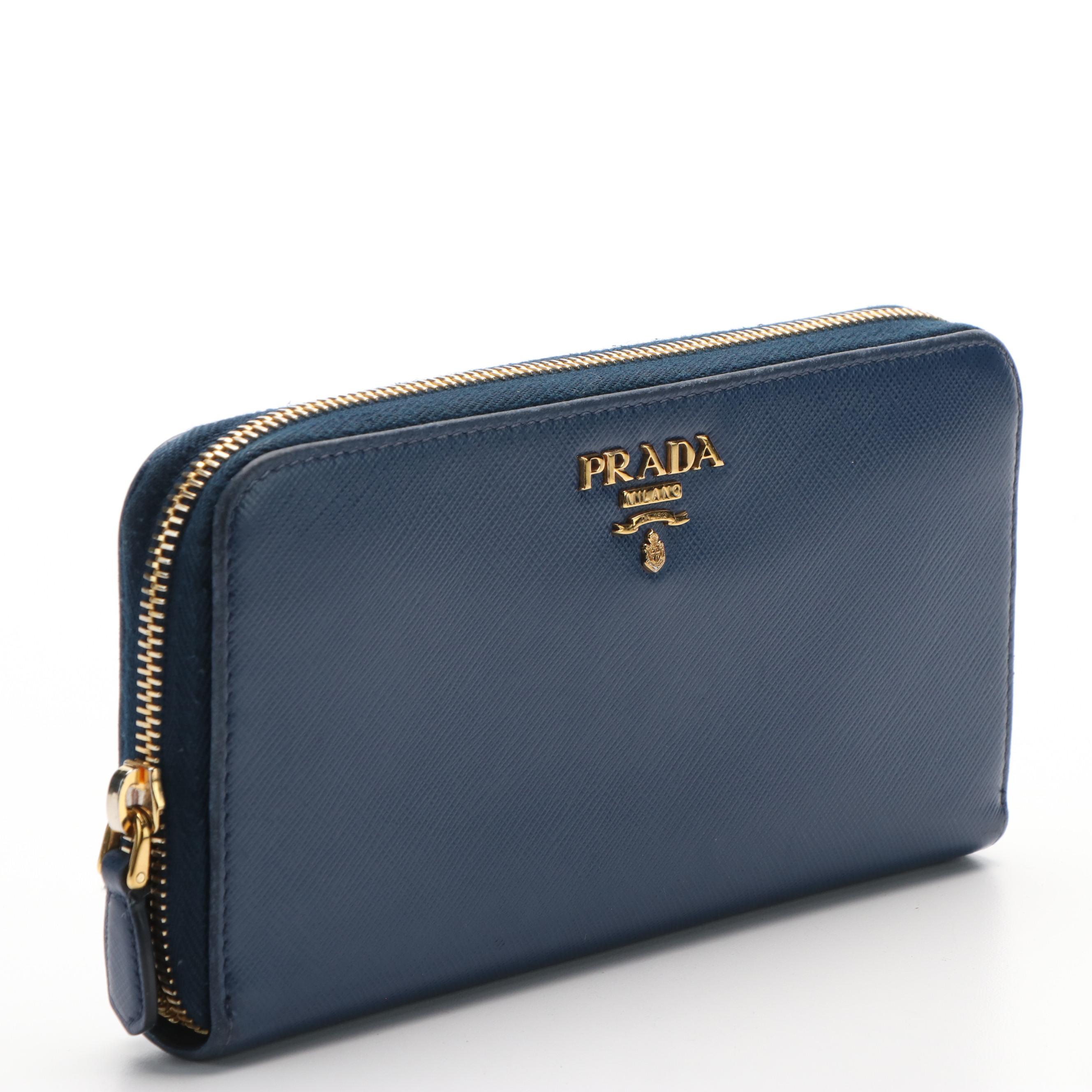 Prada Logo Blue Safiano Leather Zip Around Wallet