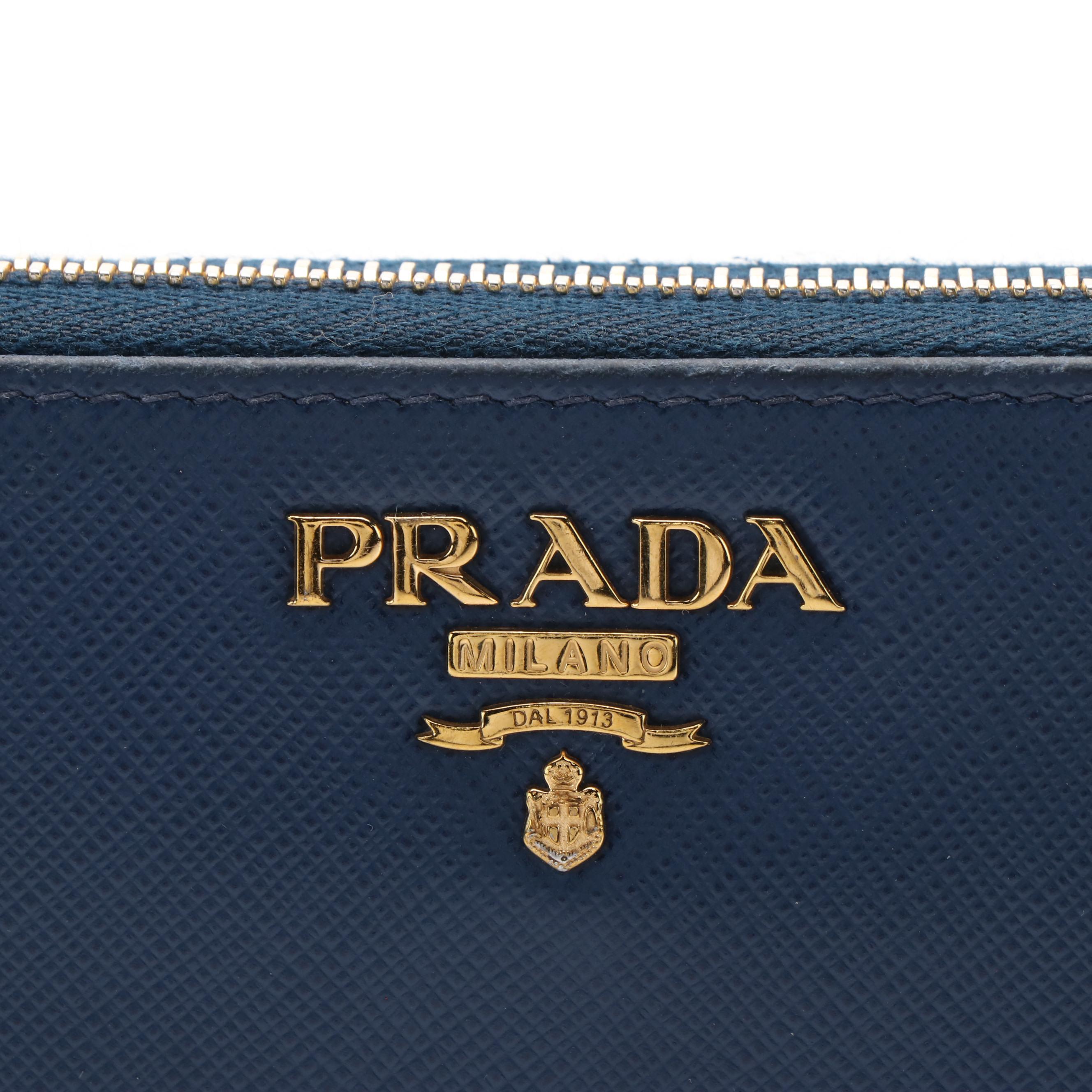 Prada Logo Blue Safiano Leather Zip Around Wallet