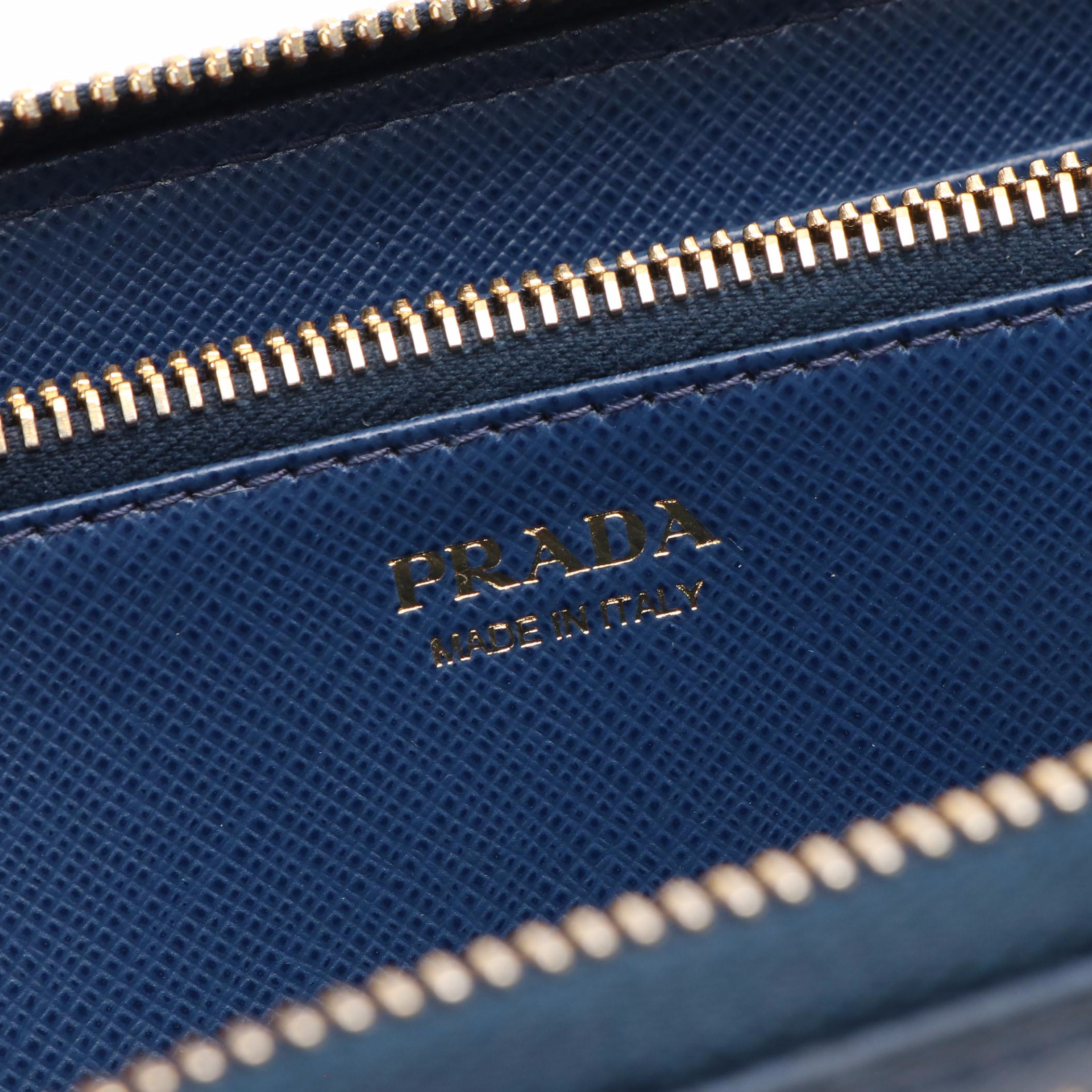 Prada Logo Blue Safiano Leather Zip Around Wallet