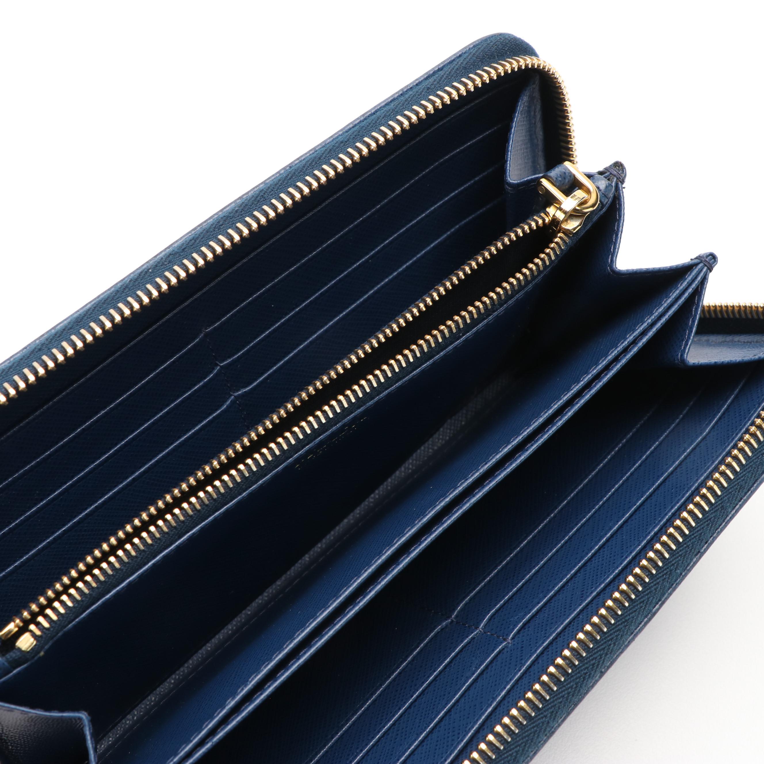 Prada Logo Blue Safiano Leather Zip Around Wallet