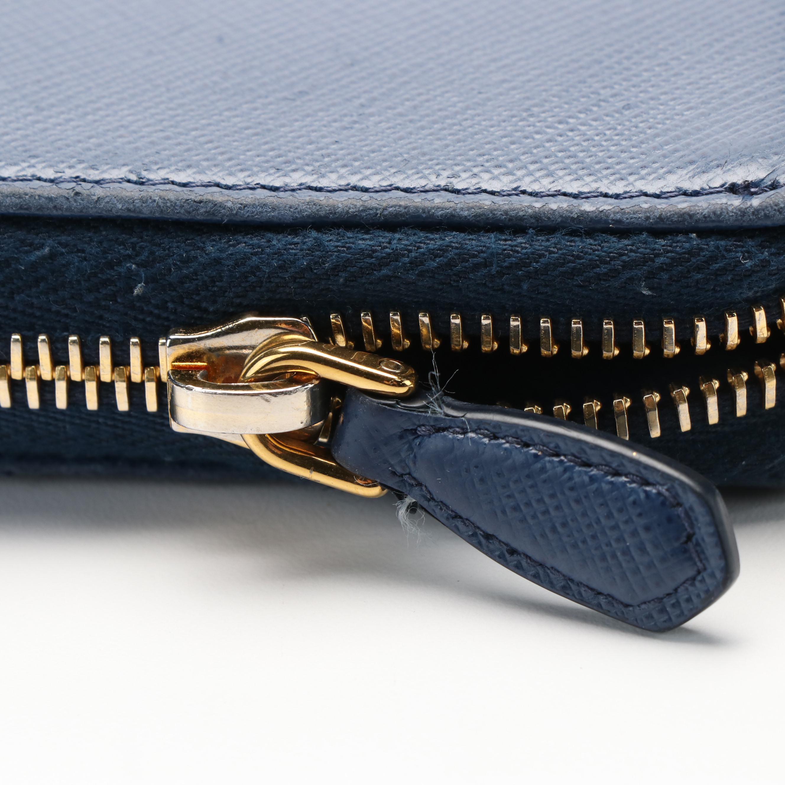 Prada Logo Blue Safiano Leather Zip Around Wallet