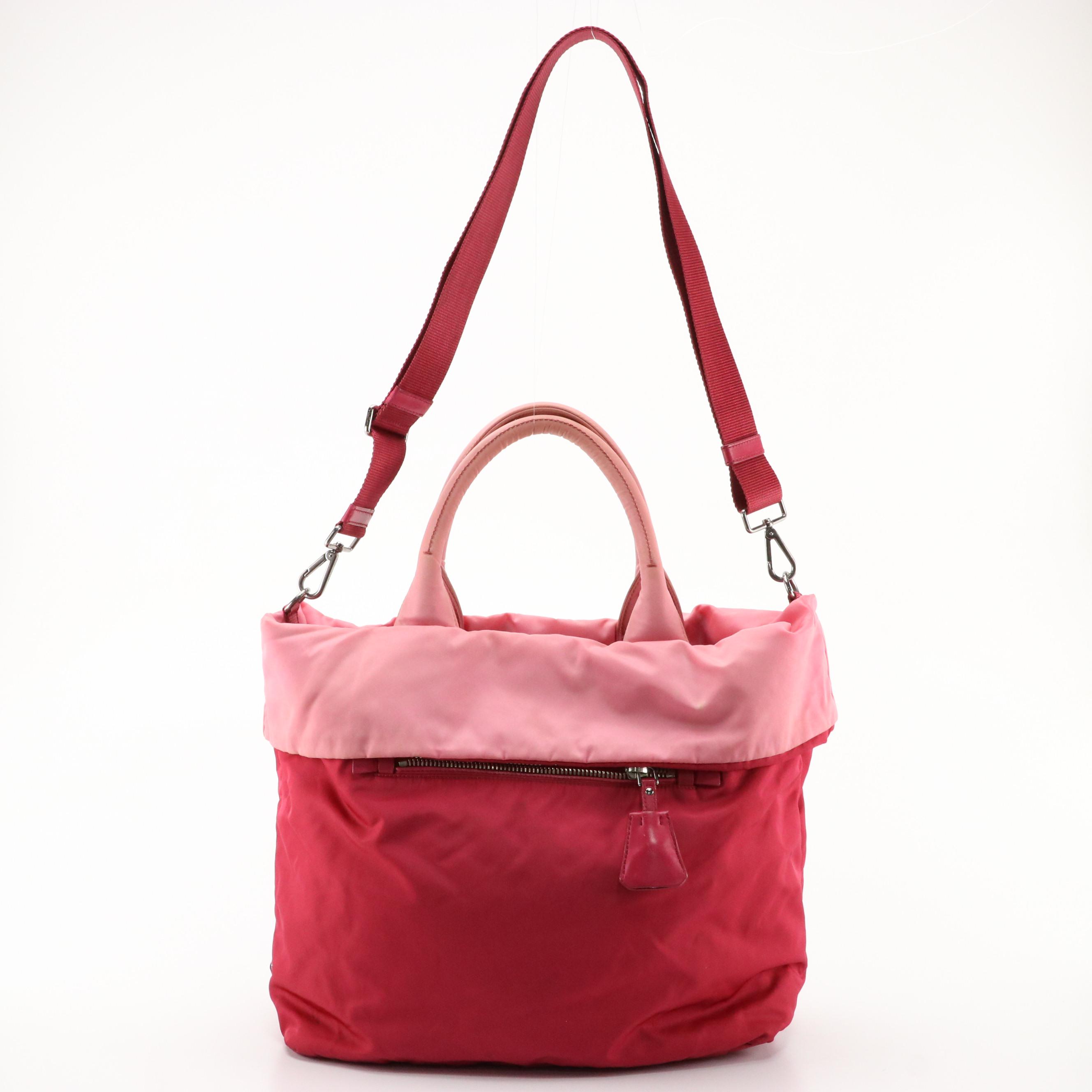 Prada Pink Tessuto Nylon and Leather Reversible Two-Way Tote Bag