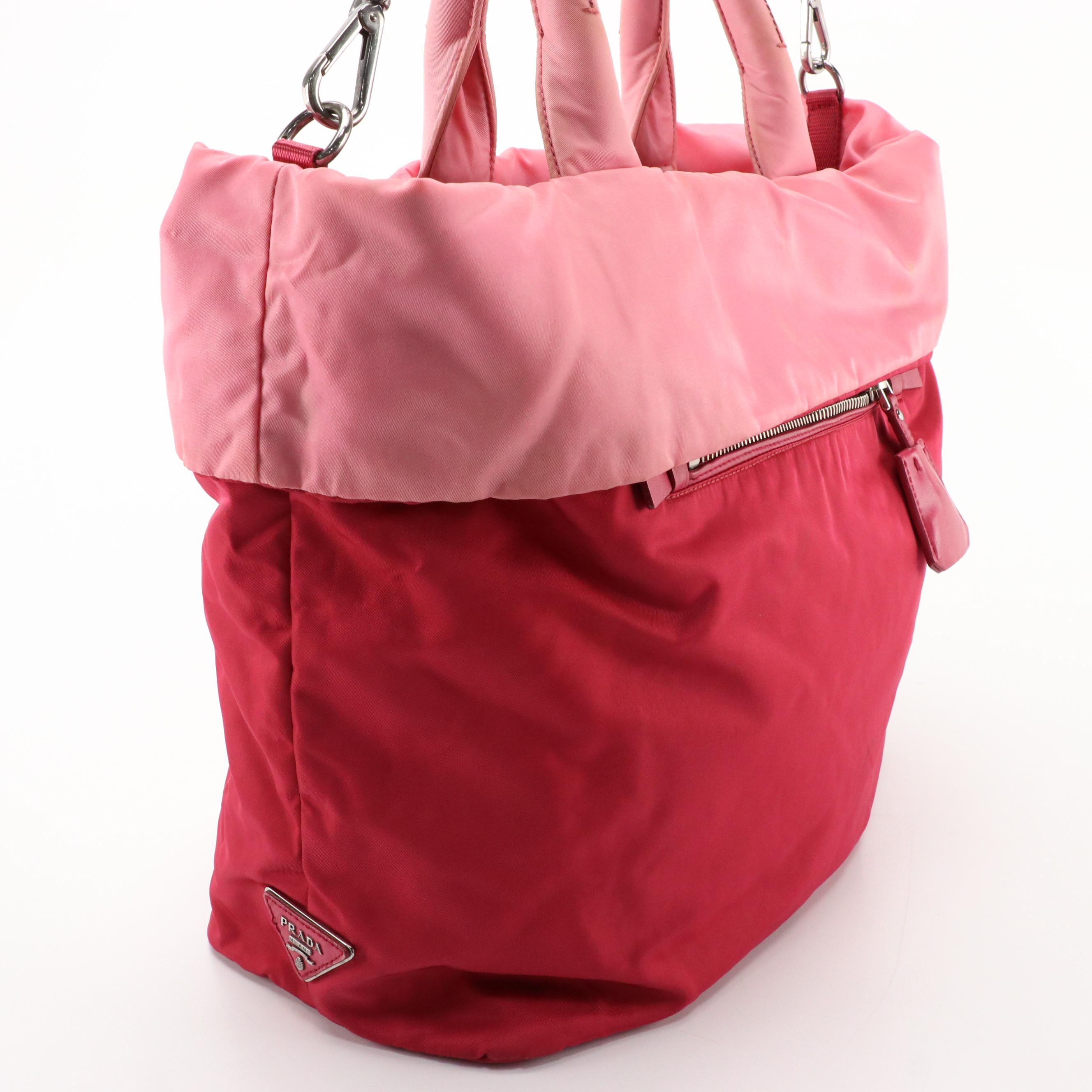 Prada Pink Tessuto Nylon and Leather Reversible Two-Way Tote Bag