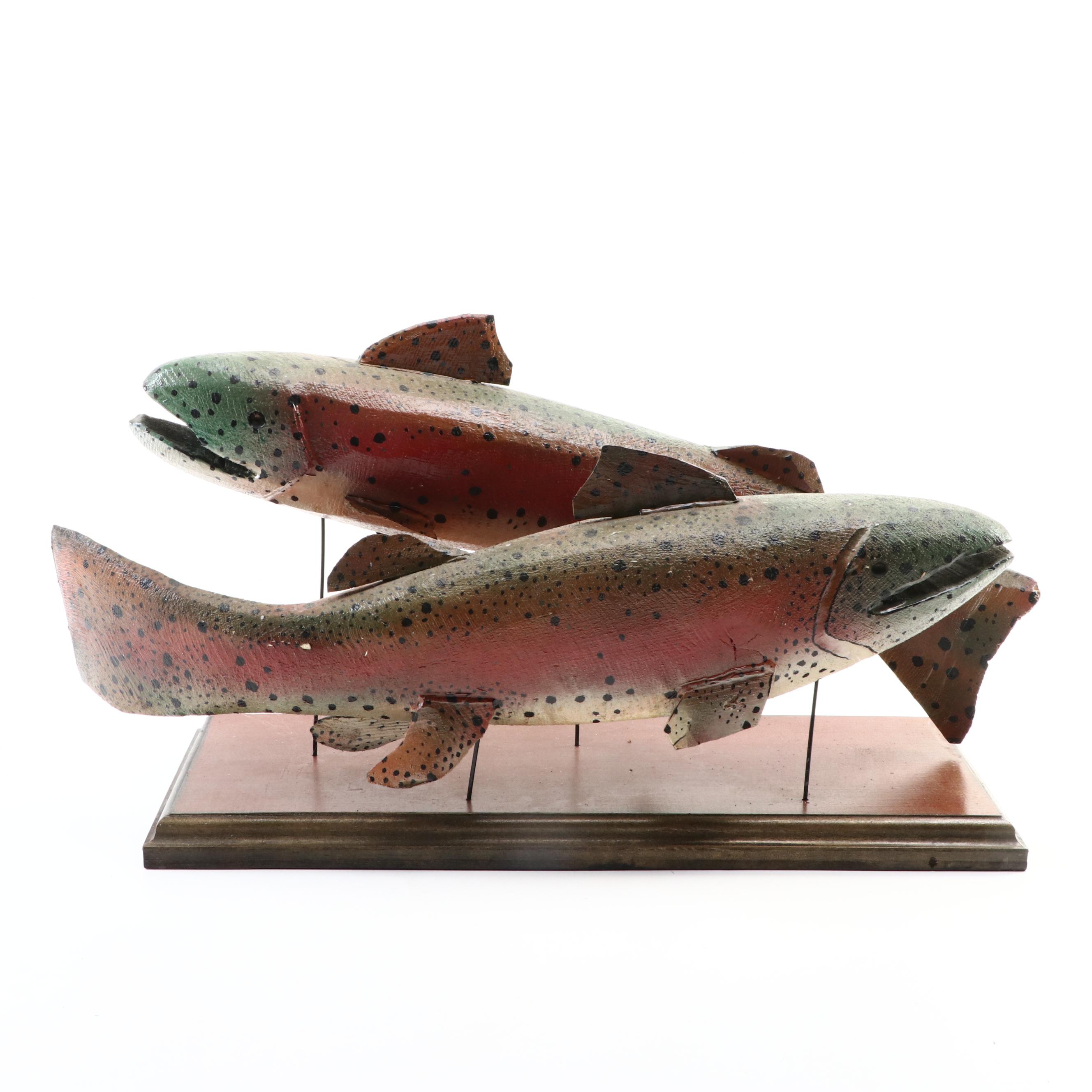 Hand-Painted Trout Fish Display on Wooden Stand