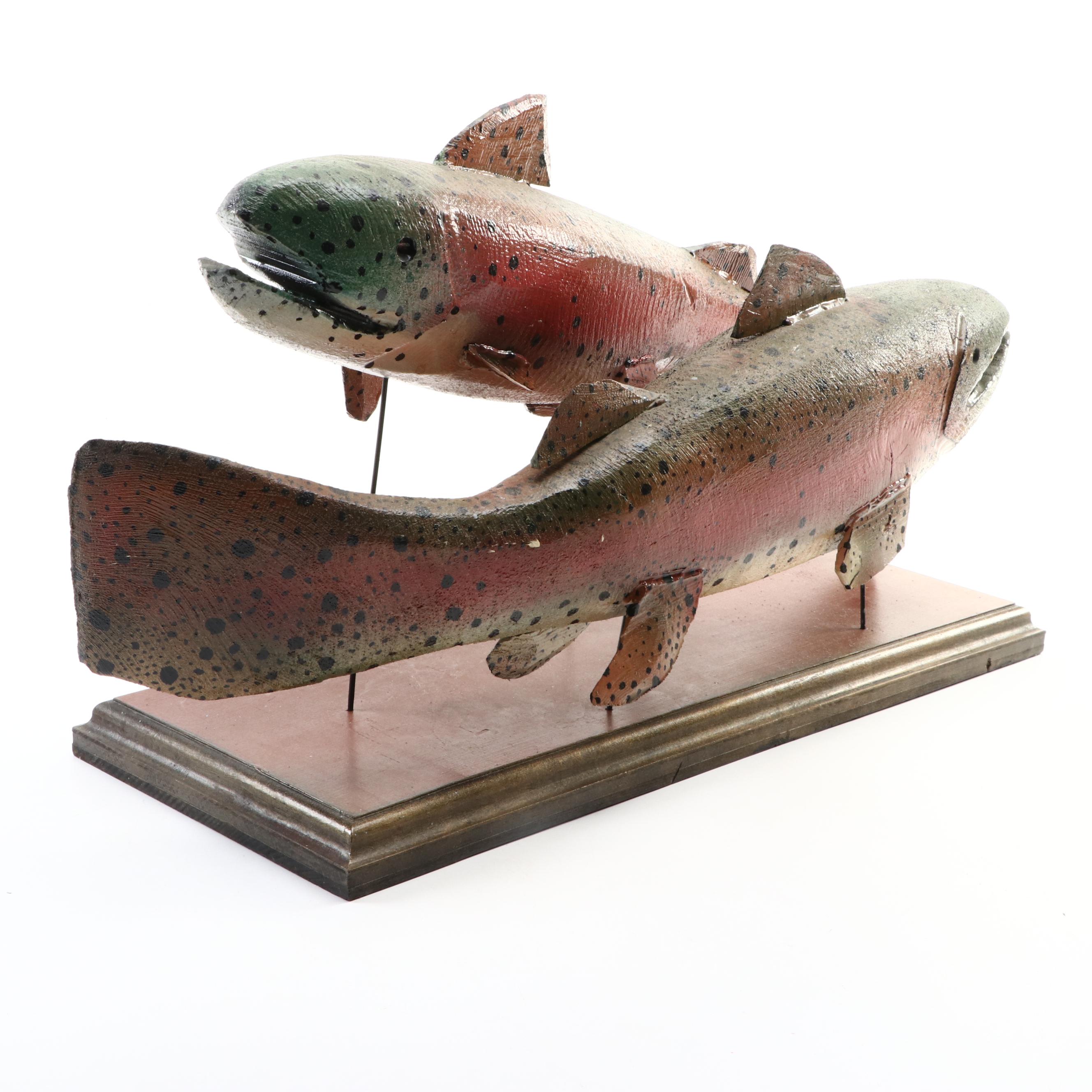 Hand-Painted Trout Fish Display on Wooden Stand