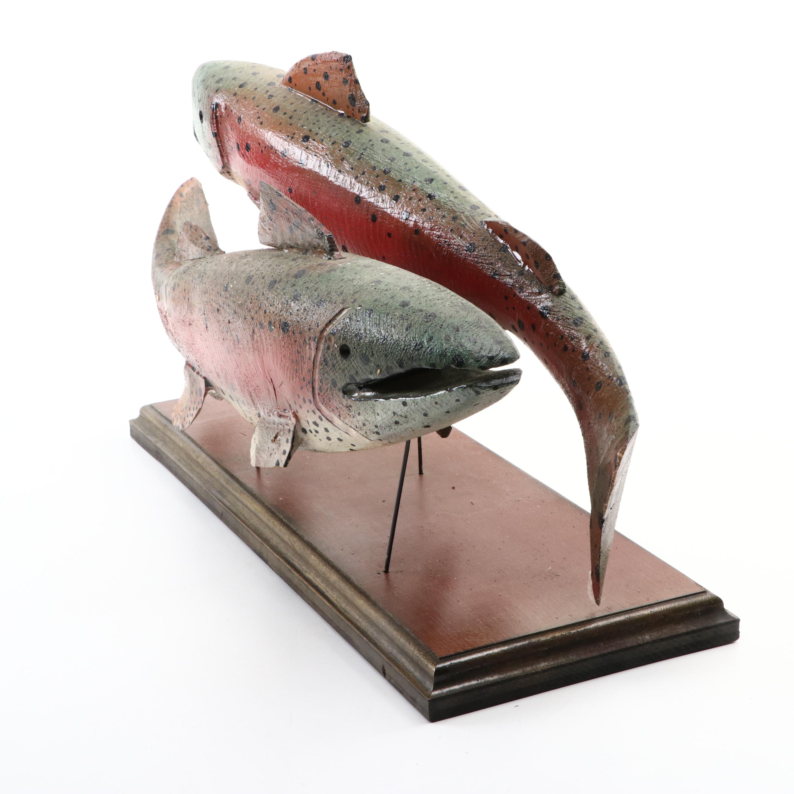 Hand-Painted Trout Fish Display on Wooden Stand