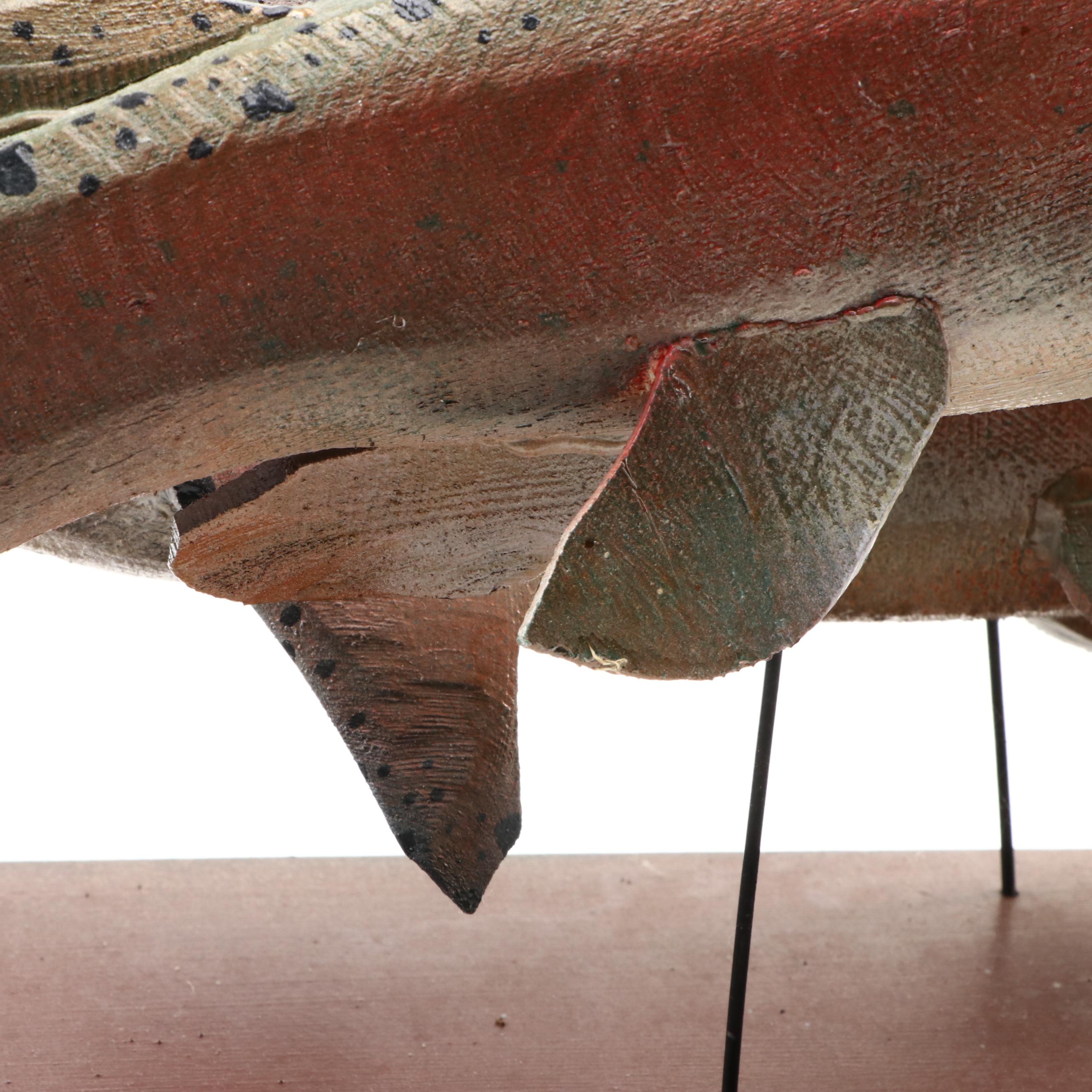 Hand-Painted Trout Fish Display on Wooden Stand