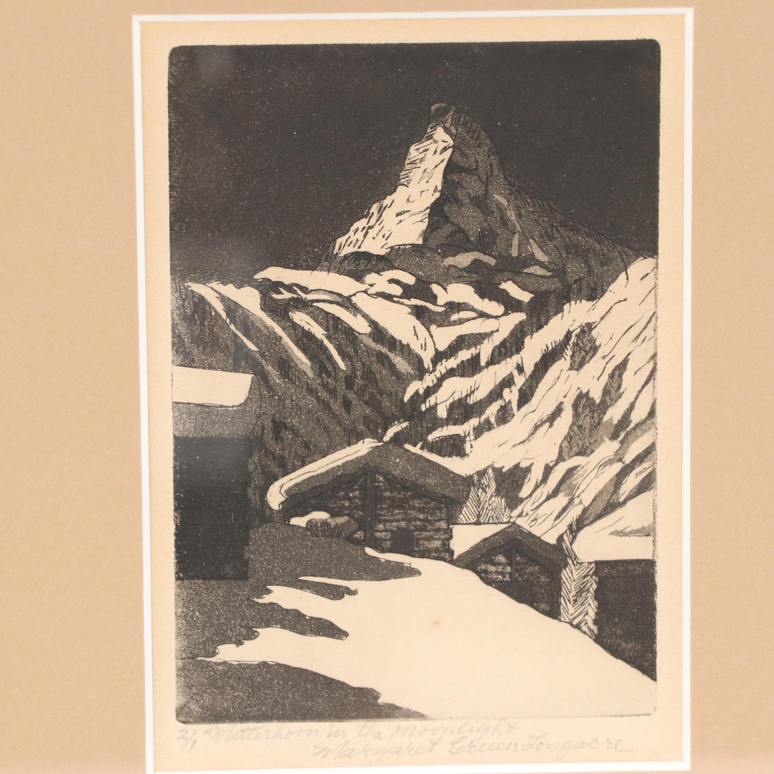 Margaret Gruen Longacre Etchings "Matterhorn in the Moonlight"