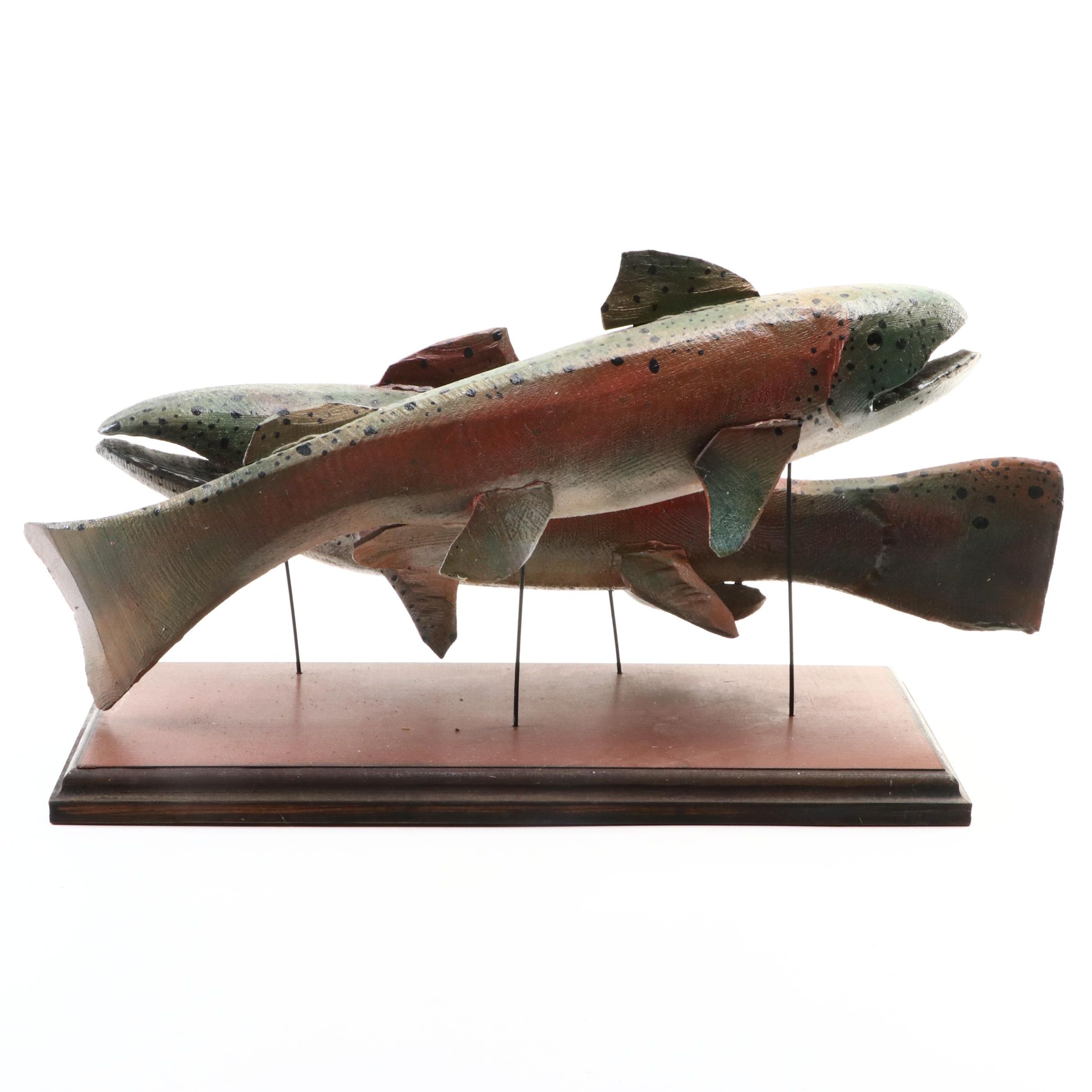 Hand-Painted Trout Fish Display on Wooden Stand