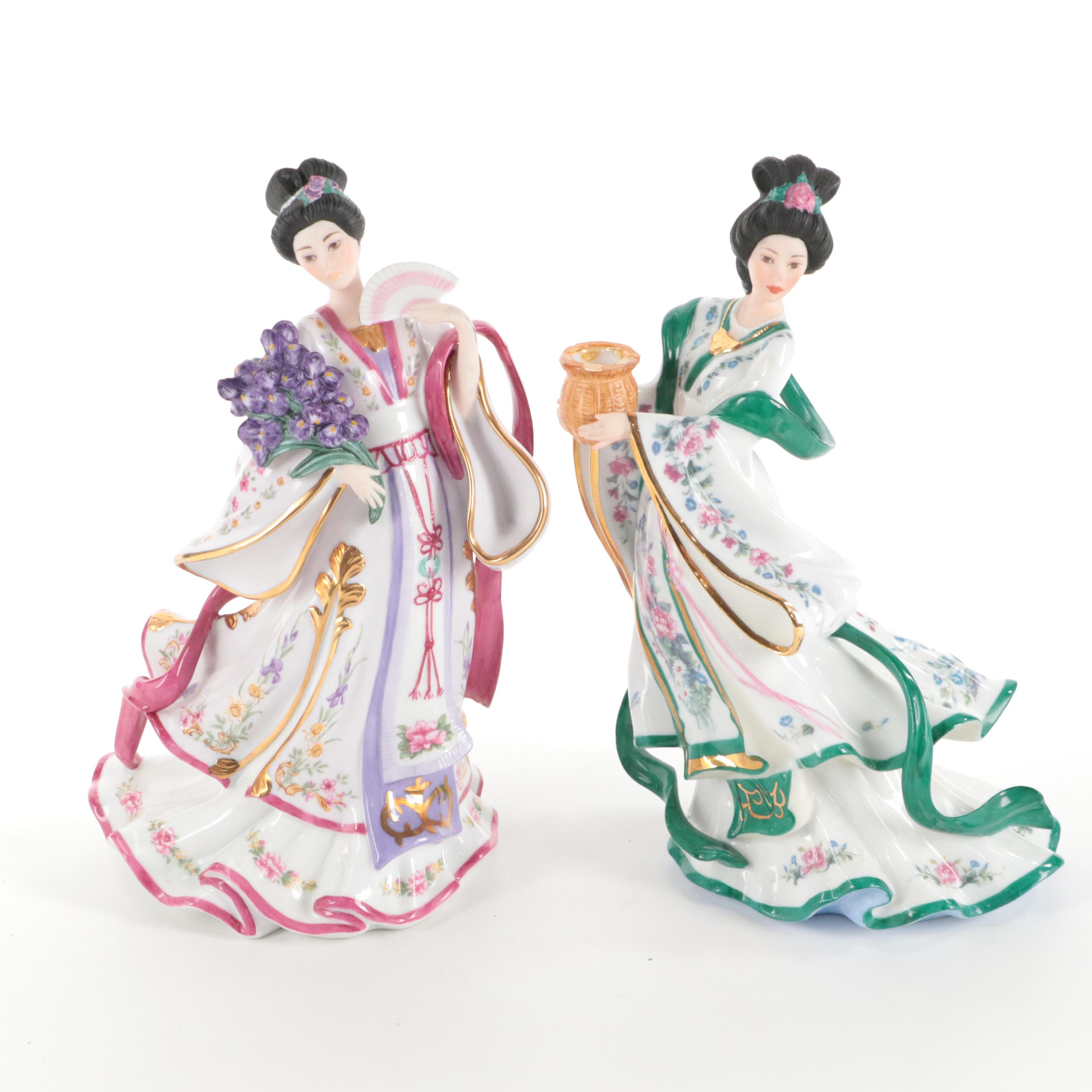 Lena Liu for Danbury Mint "Rose Princess" and "Iris Princess" Ceramic Figurines