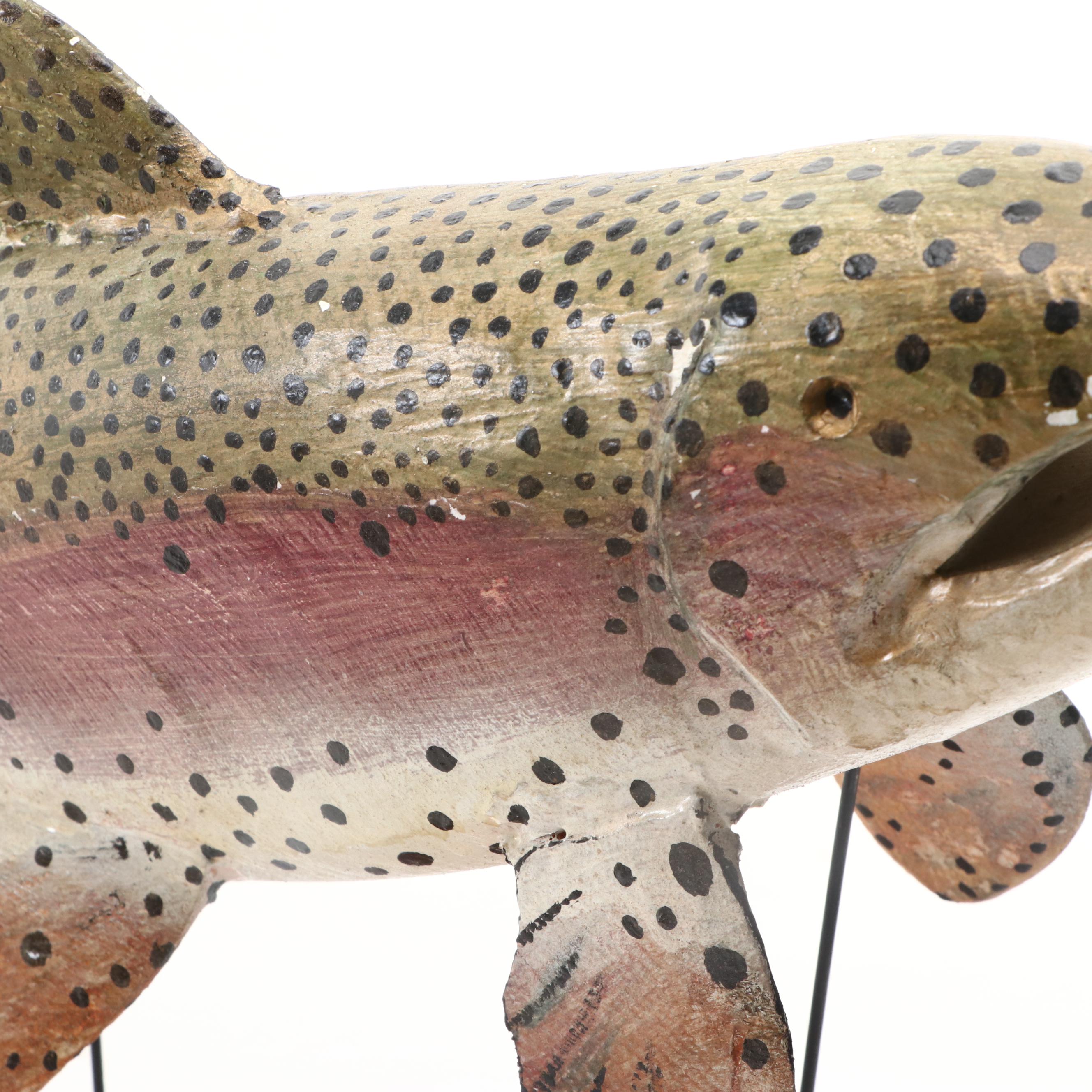 Hand-Painted Trout Fish Displays on Wooden Stands