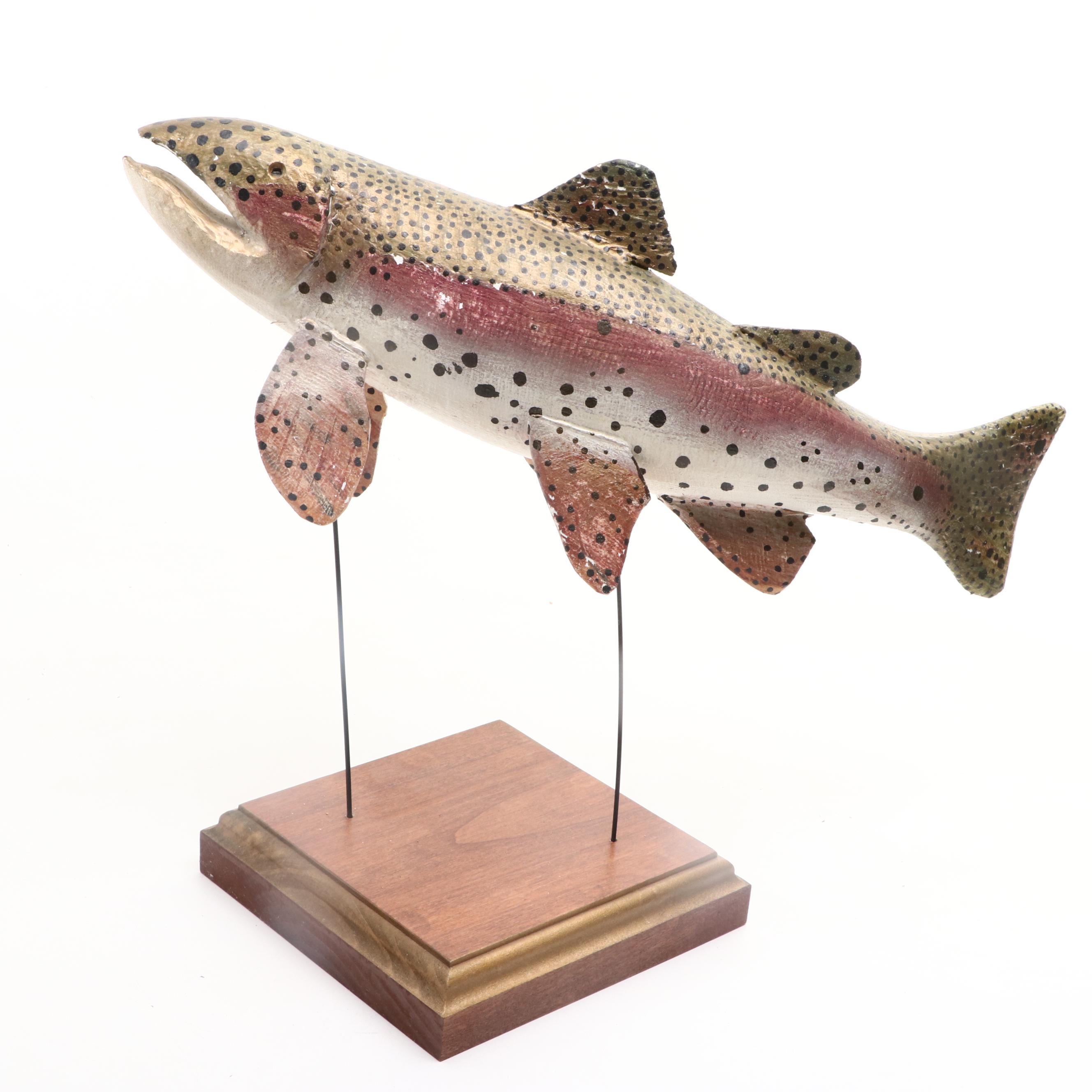 Hand-Painted Trout Fish Displays on Wooden Stands