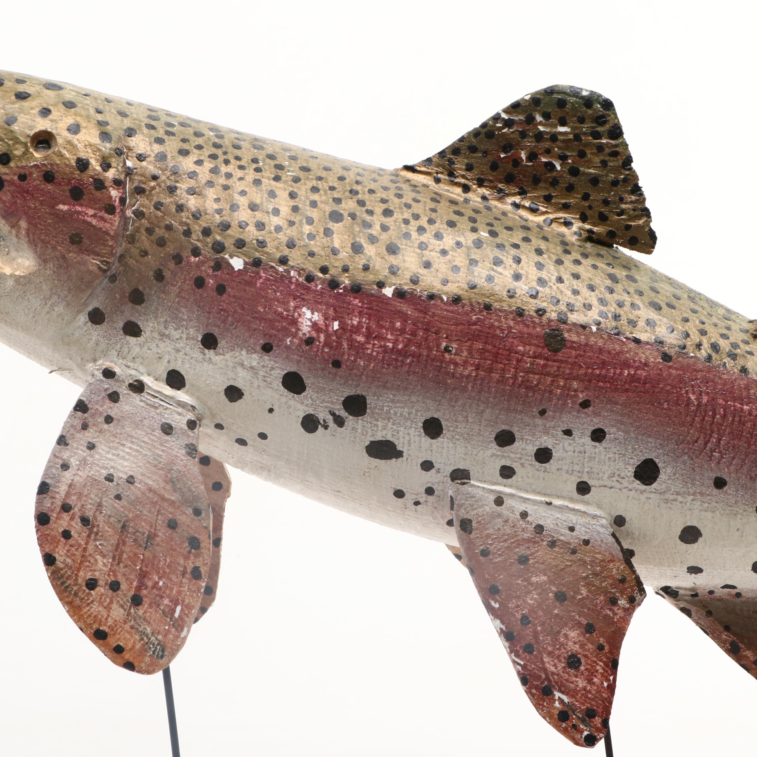 Hand-Painted Trout Fish Displays on Wooden Stands