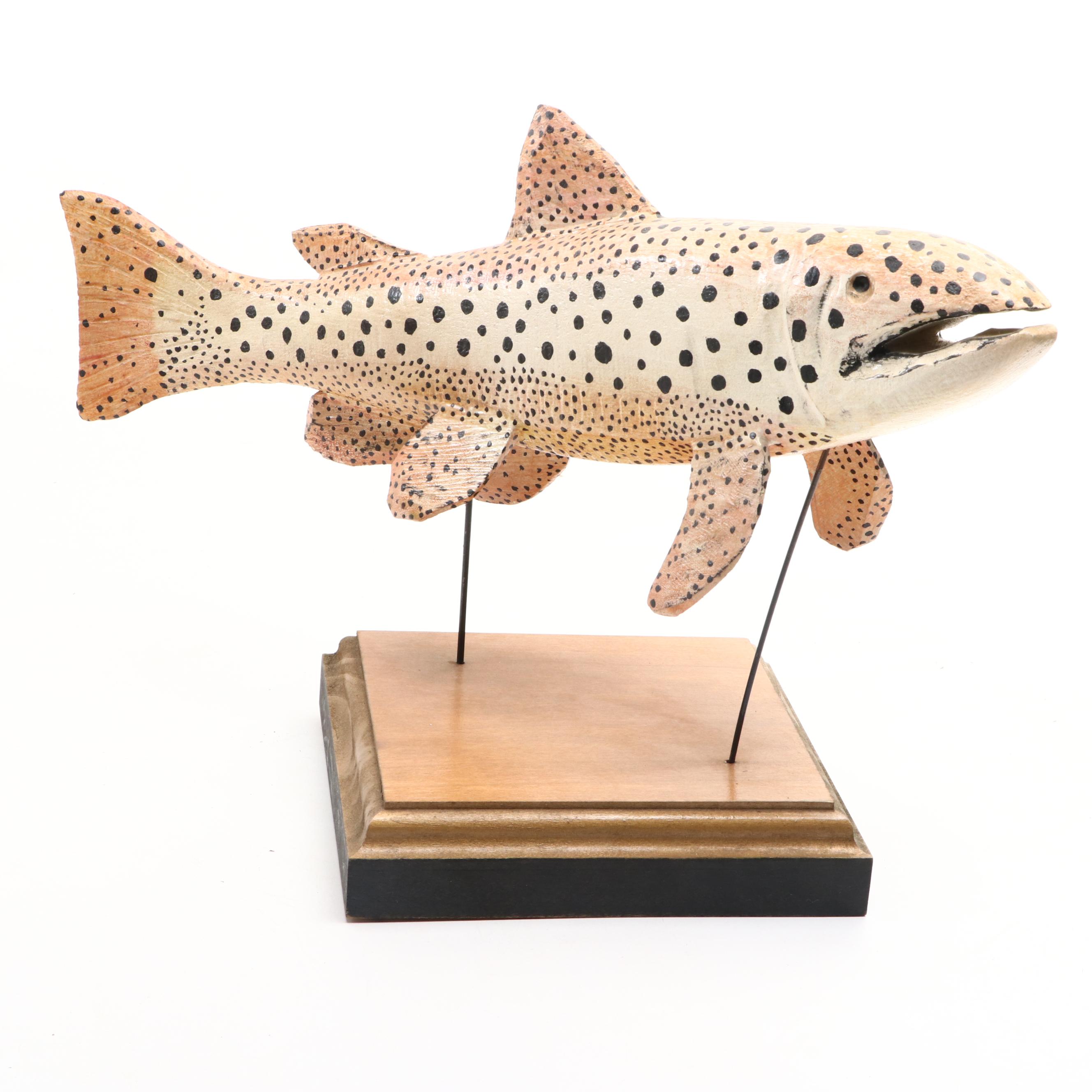 Hand-Painted Trout Fish Displays on Wooden Stands