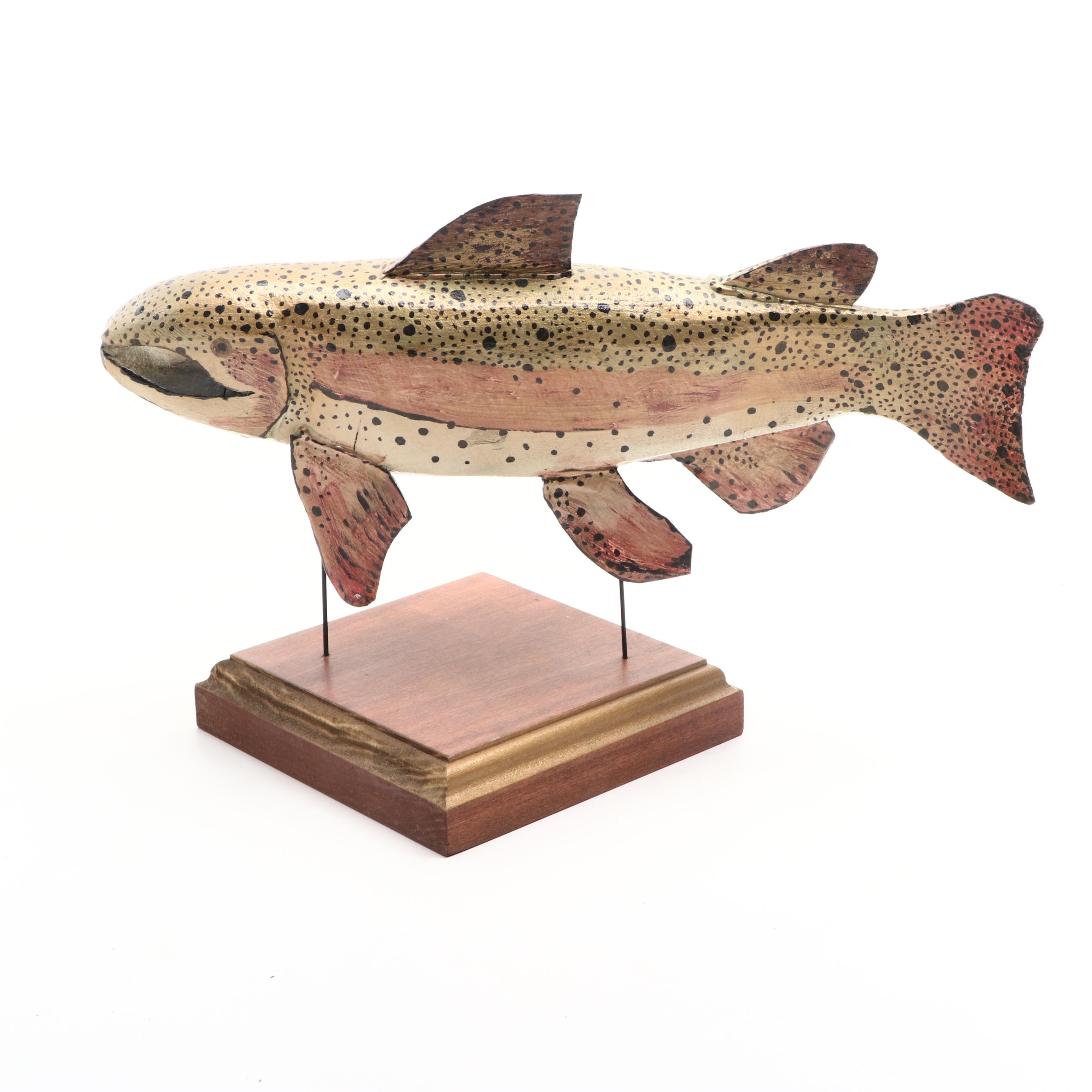 Hand-Painted Trout Fish Displays on Wooden Stands