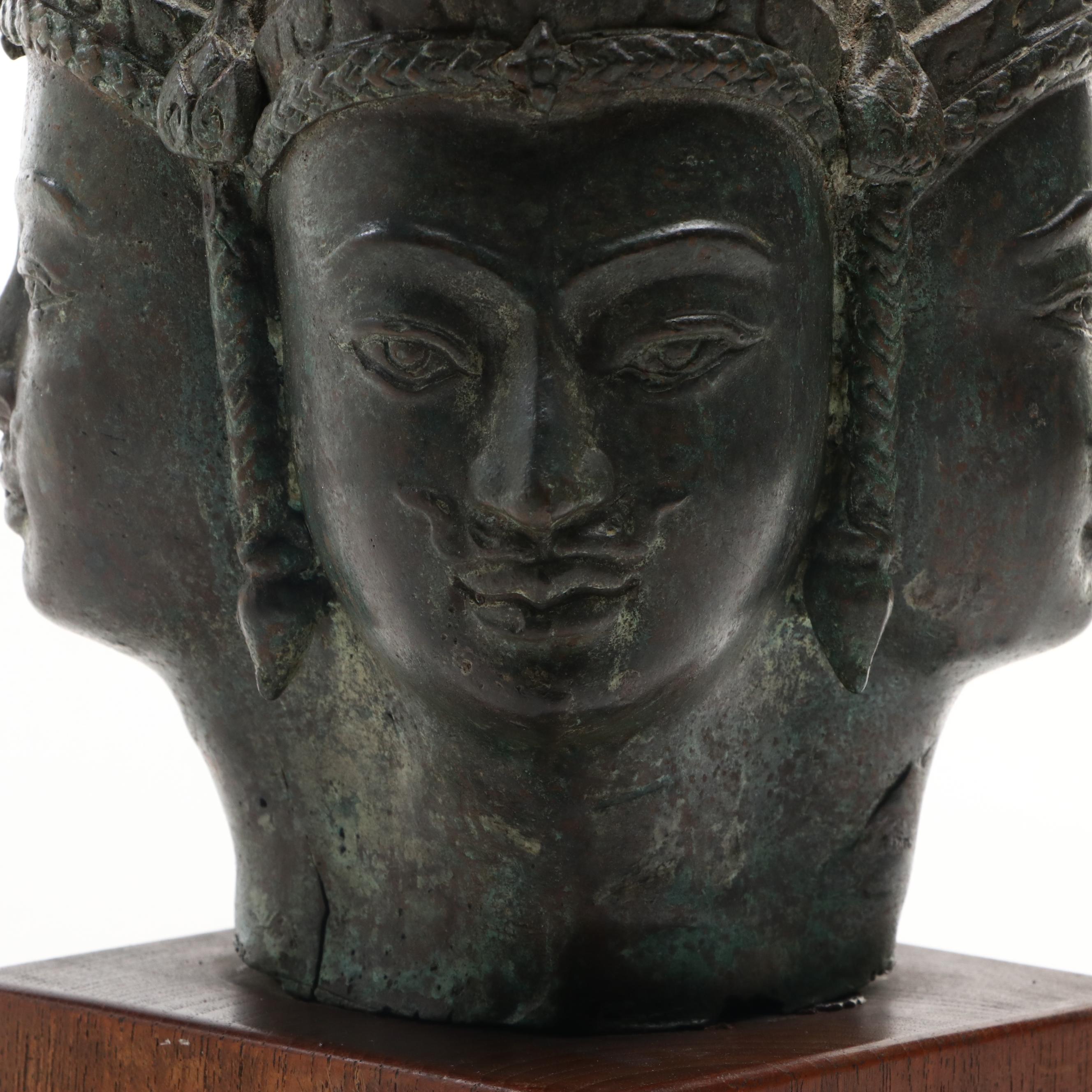 Southeast Asian Bronze Four Faces of Brahma Statue on Wooden Base