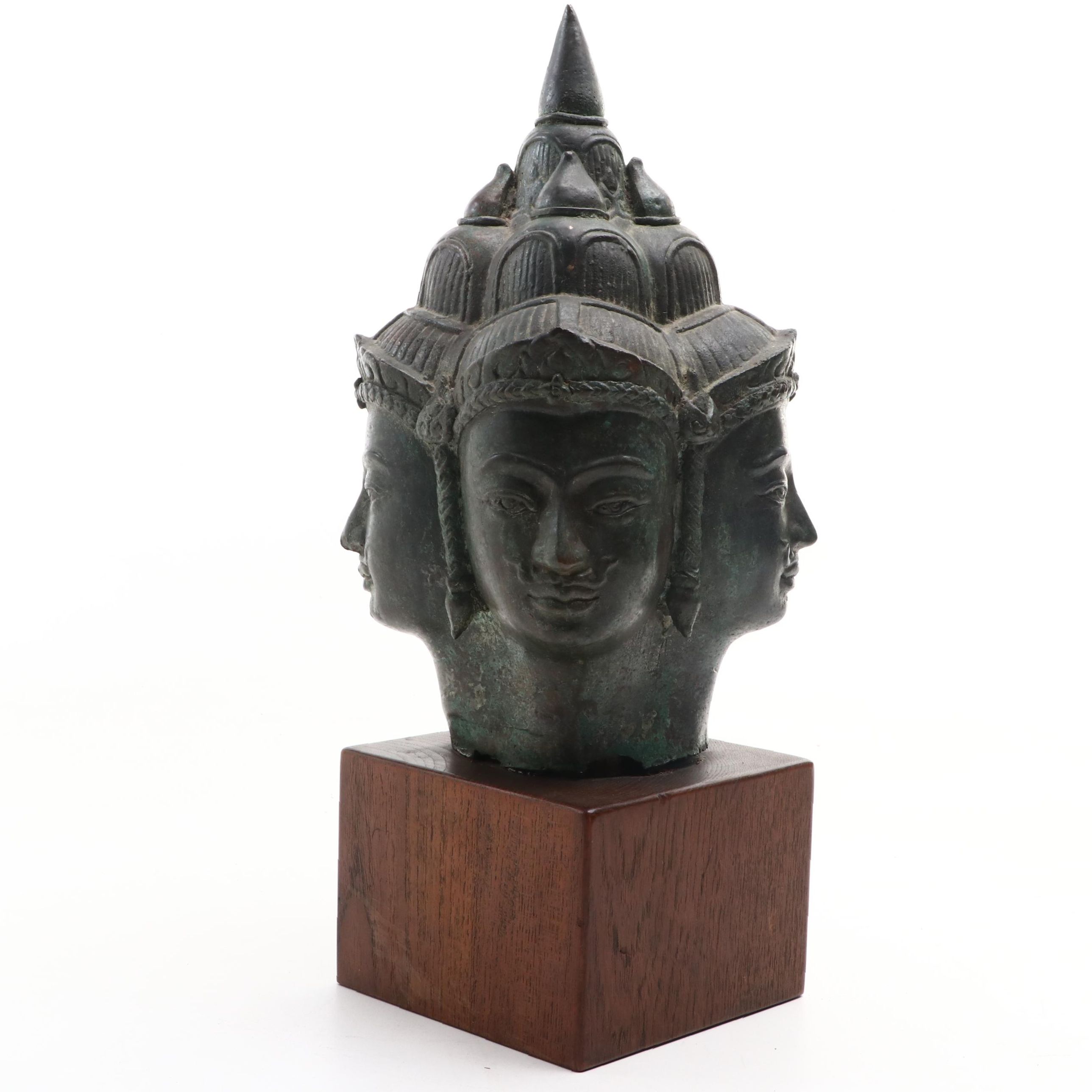 Southeast Asian Bronze Four Faces of Brahma Statue on Wooden Base