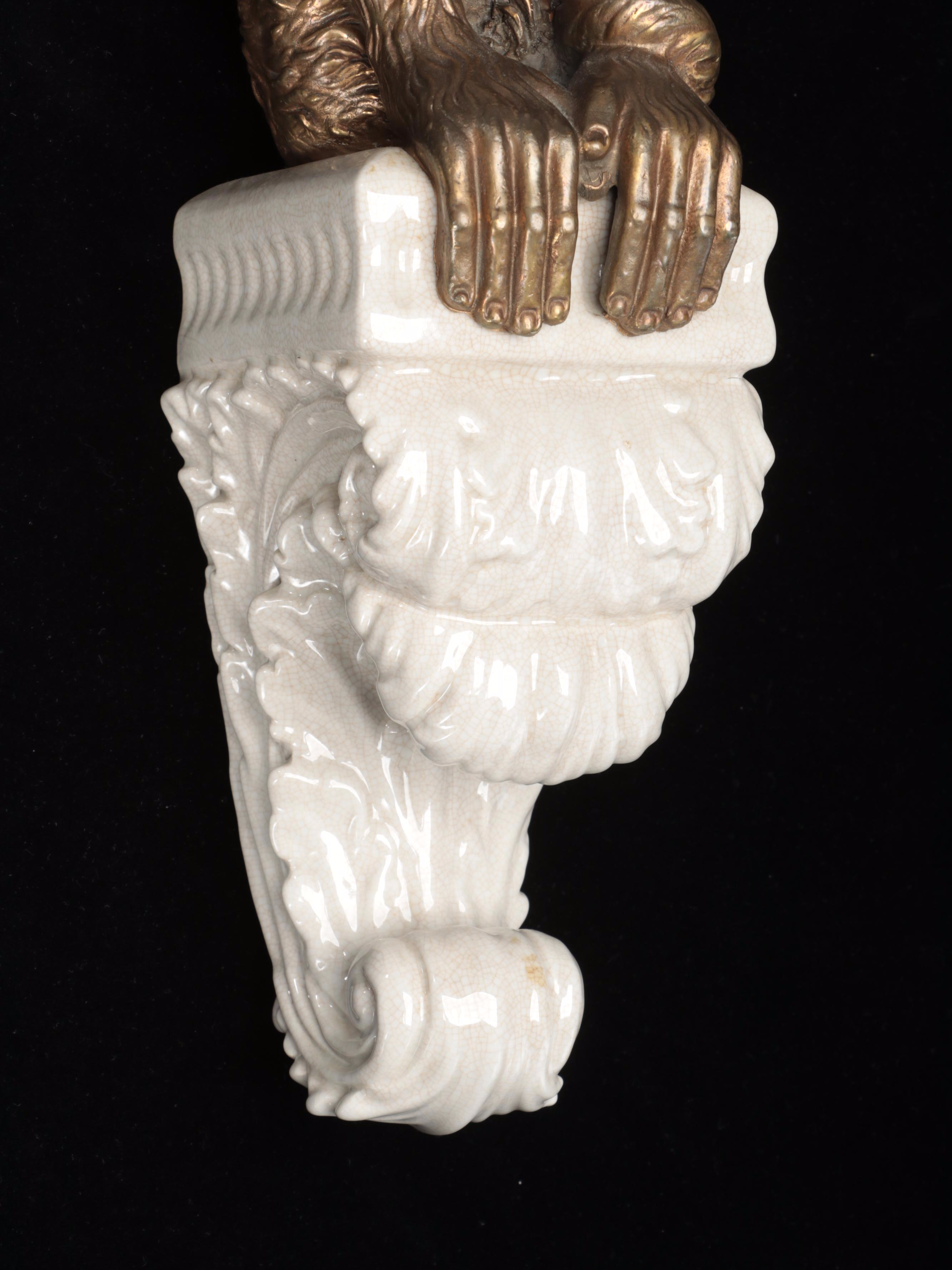 Porcelain and Metal Figural Monkey Wall Corbels, Late 20th Century