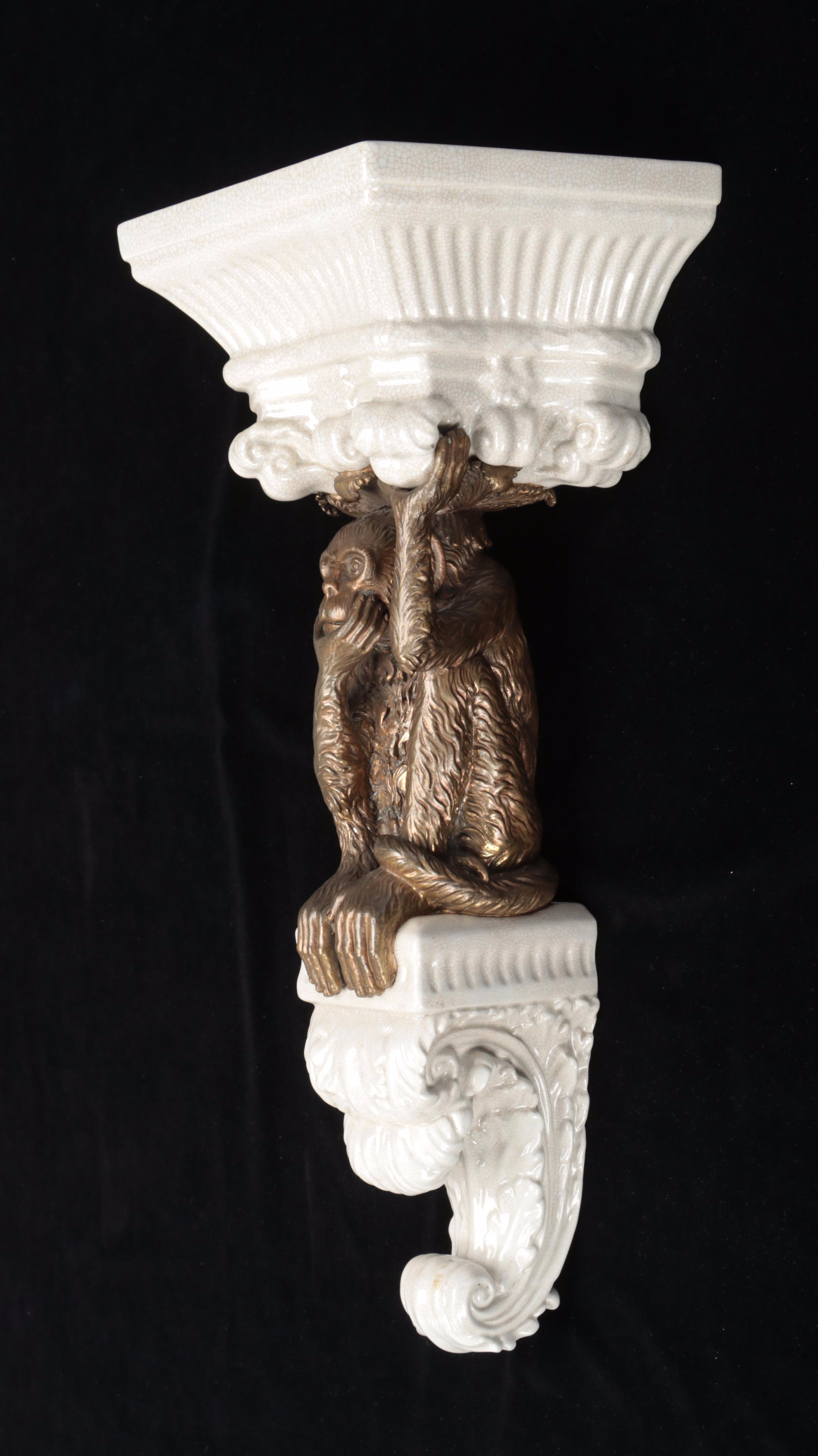 Porcelain and Metal Figural Monkey Wall Corbels, Late 20th Century