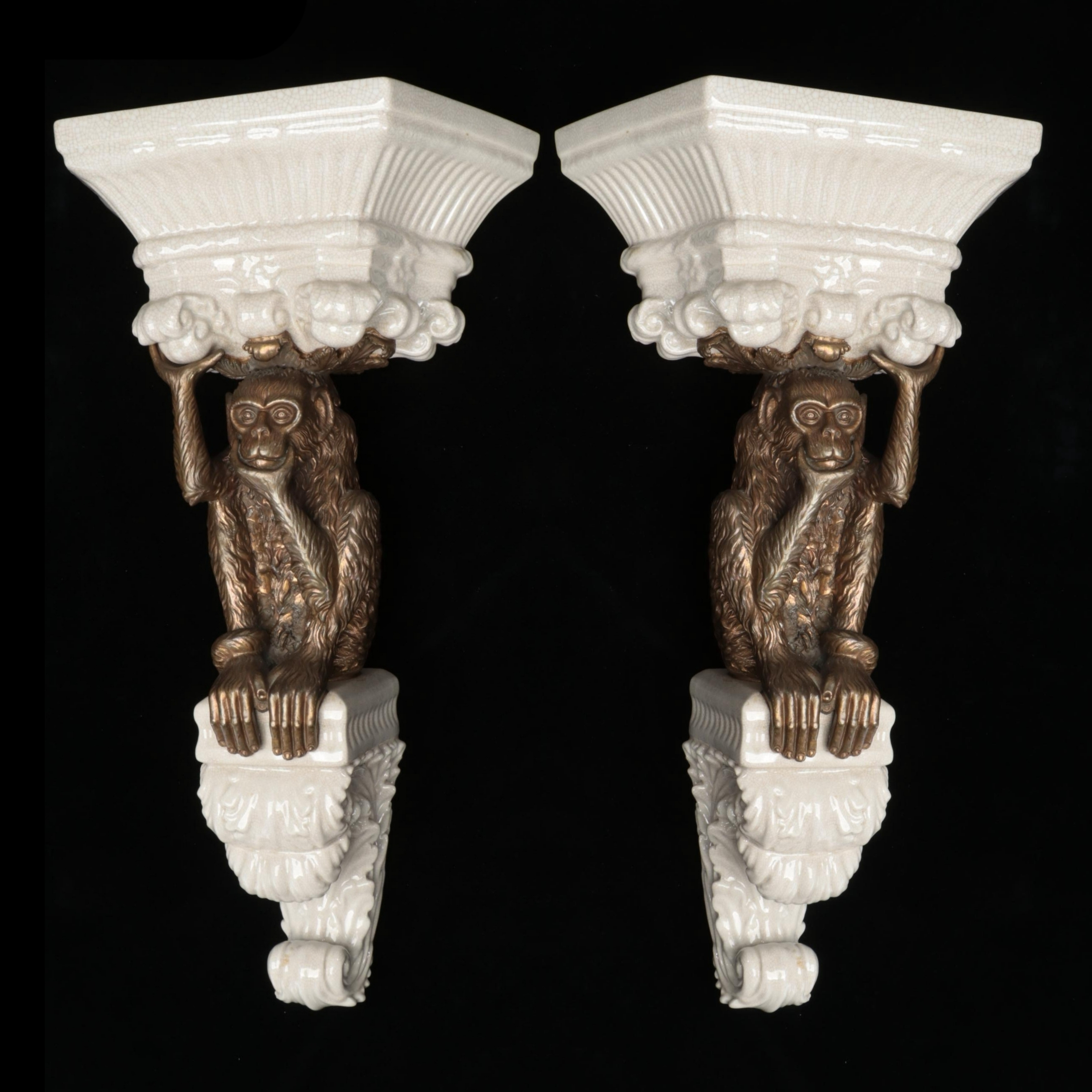 Porcelain and Metal Figural Monkey Wall Corbels, Late 20th Century