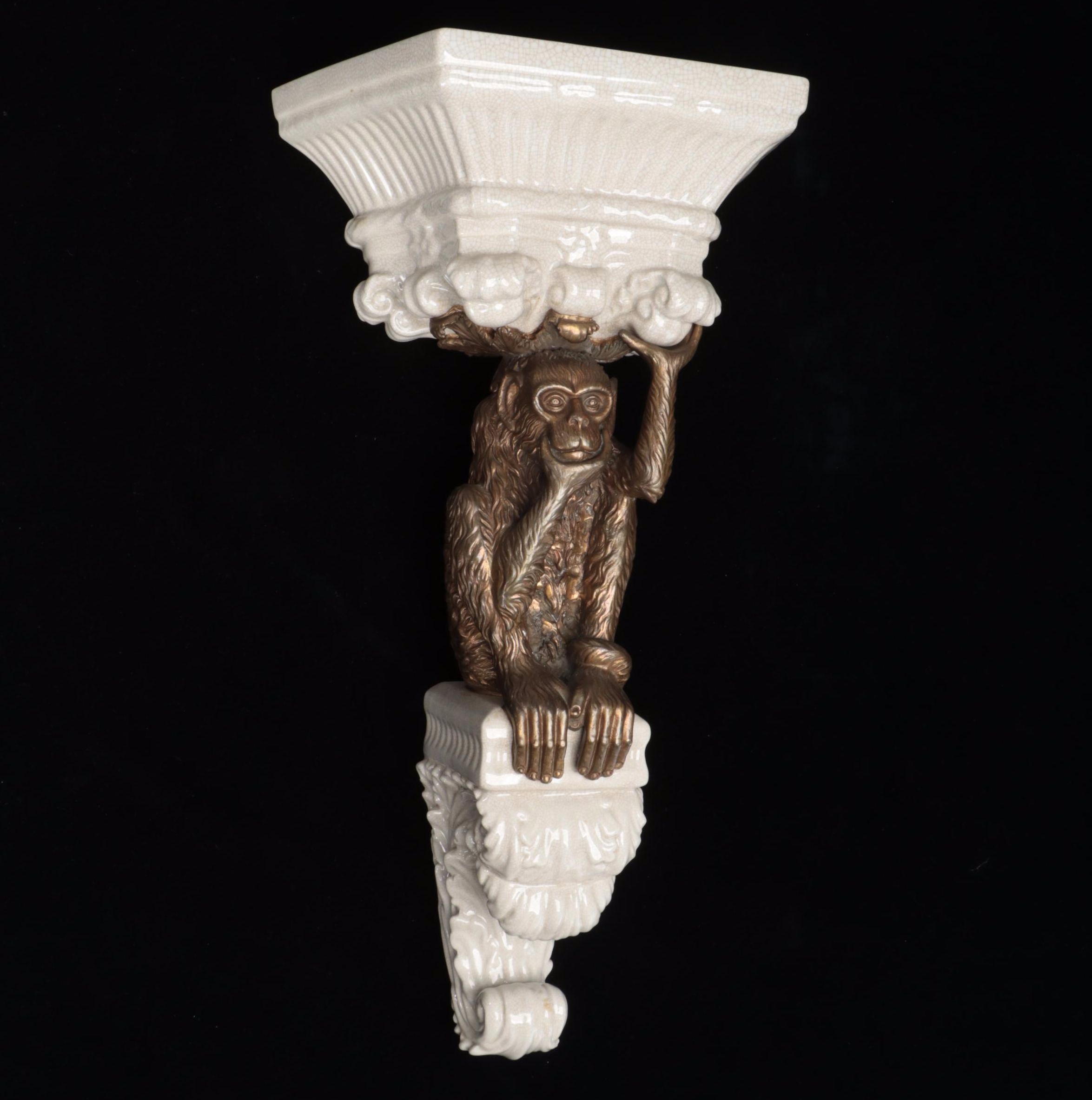 Porcelain and Metal Figural Monkey Wall Corbels, Late 20th Century