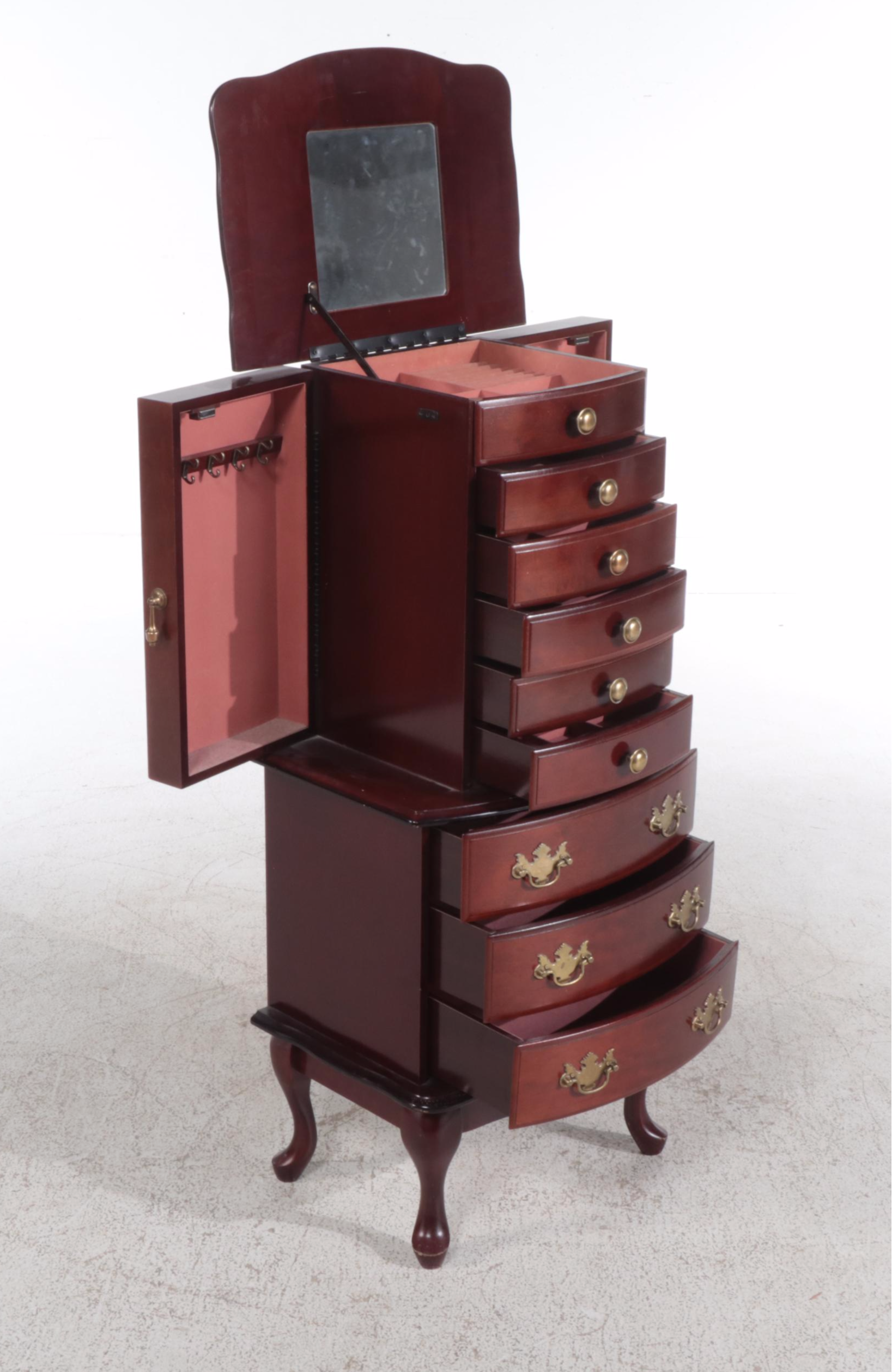 Queen Anne Style Mahogany Finish Jewelry Armoire