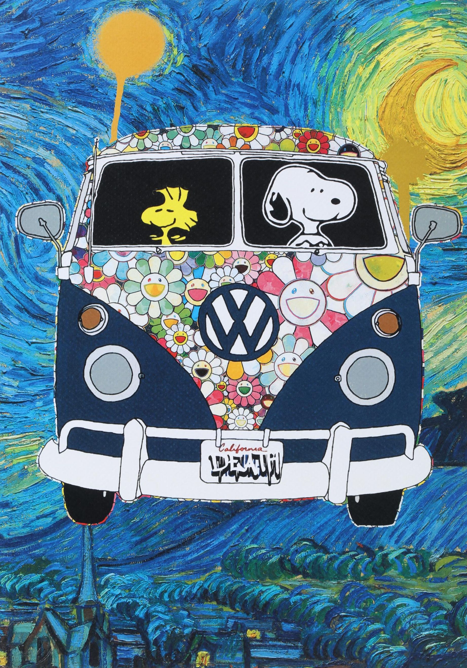 Death NYC Pop Art Graphic Print of Snoopy and Woodstock in VW Bus