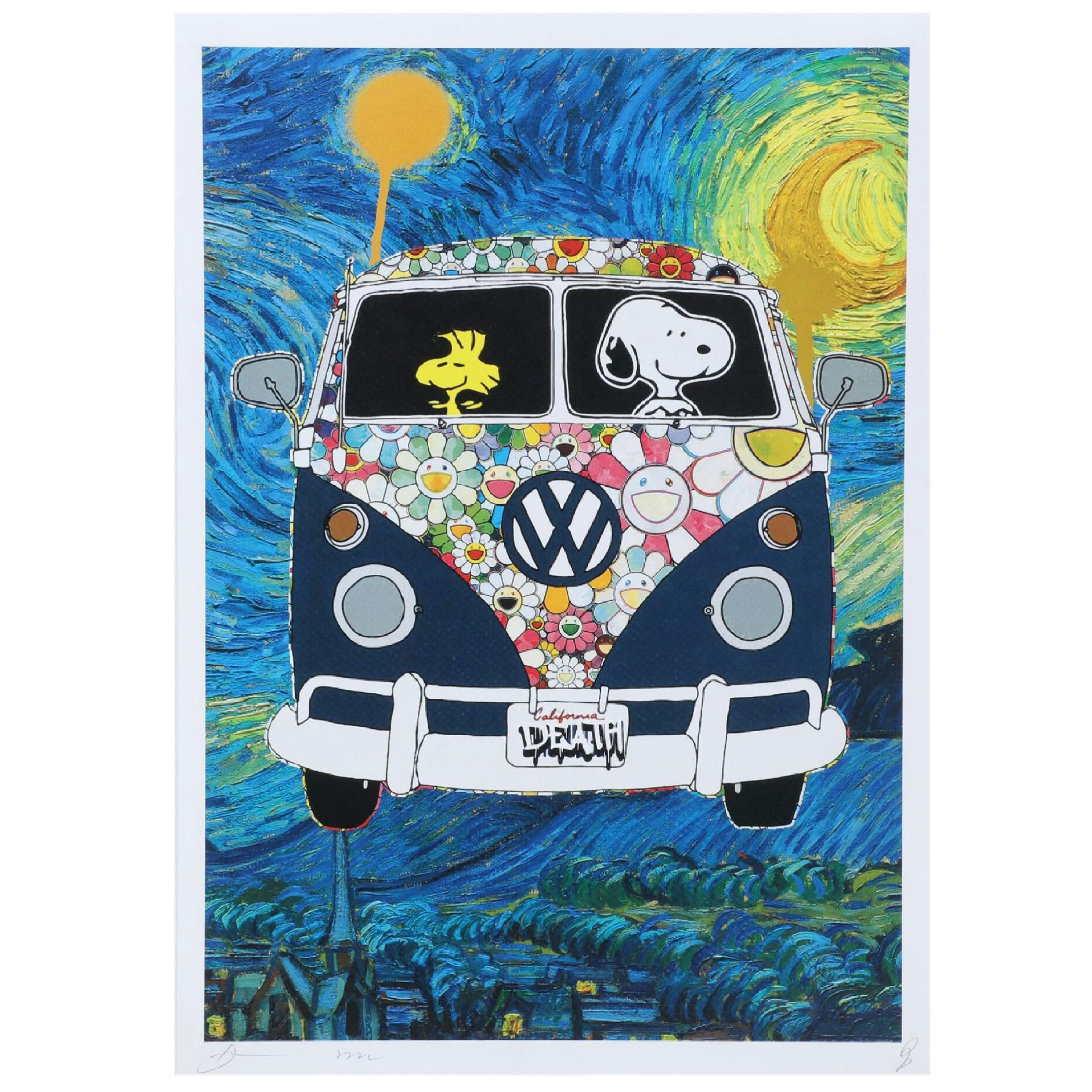 Death NYC Pop Art Graphic Print of Snoopy and Woodstock in VW Bus
