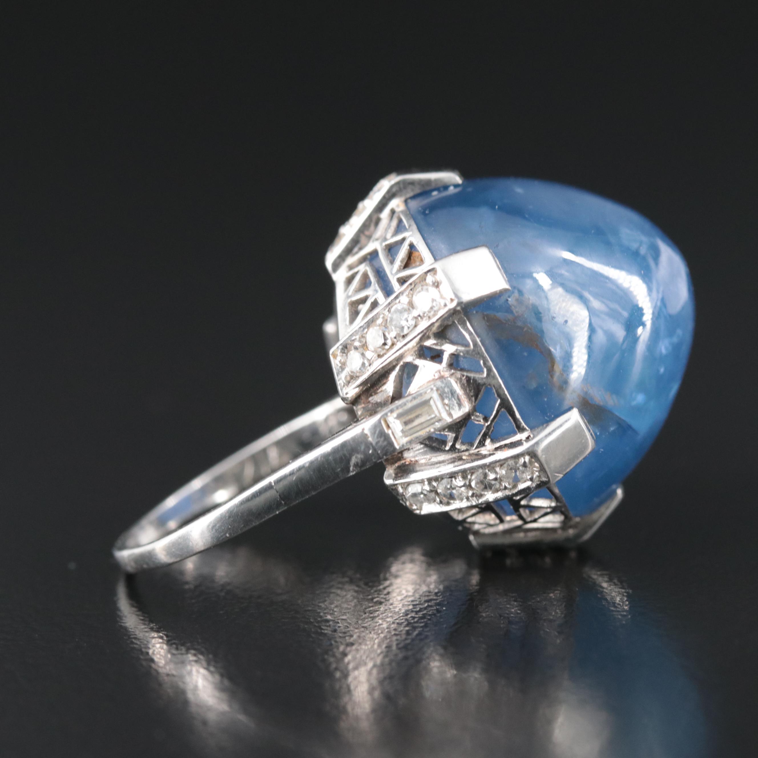 Art Deco Platinum 90.45 CT Star Sapphire and Diamond Ring