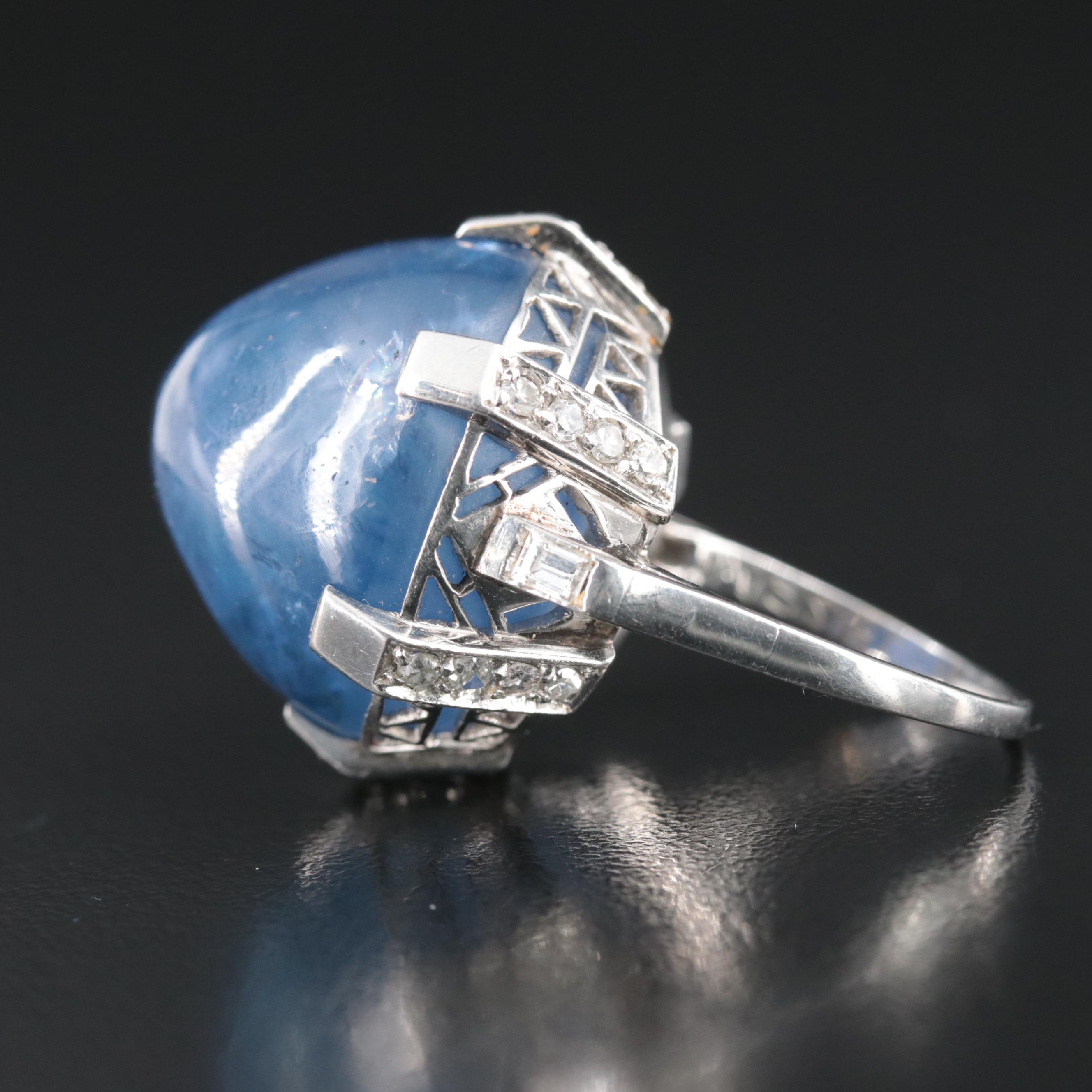 Art Deco Platinum 90.45 CT Star Sapphire and Diamond Ring