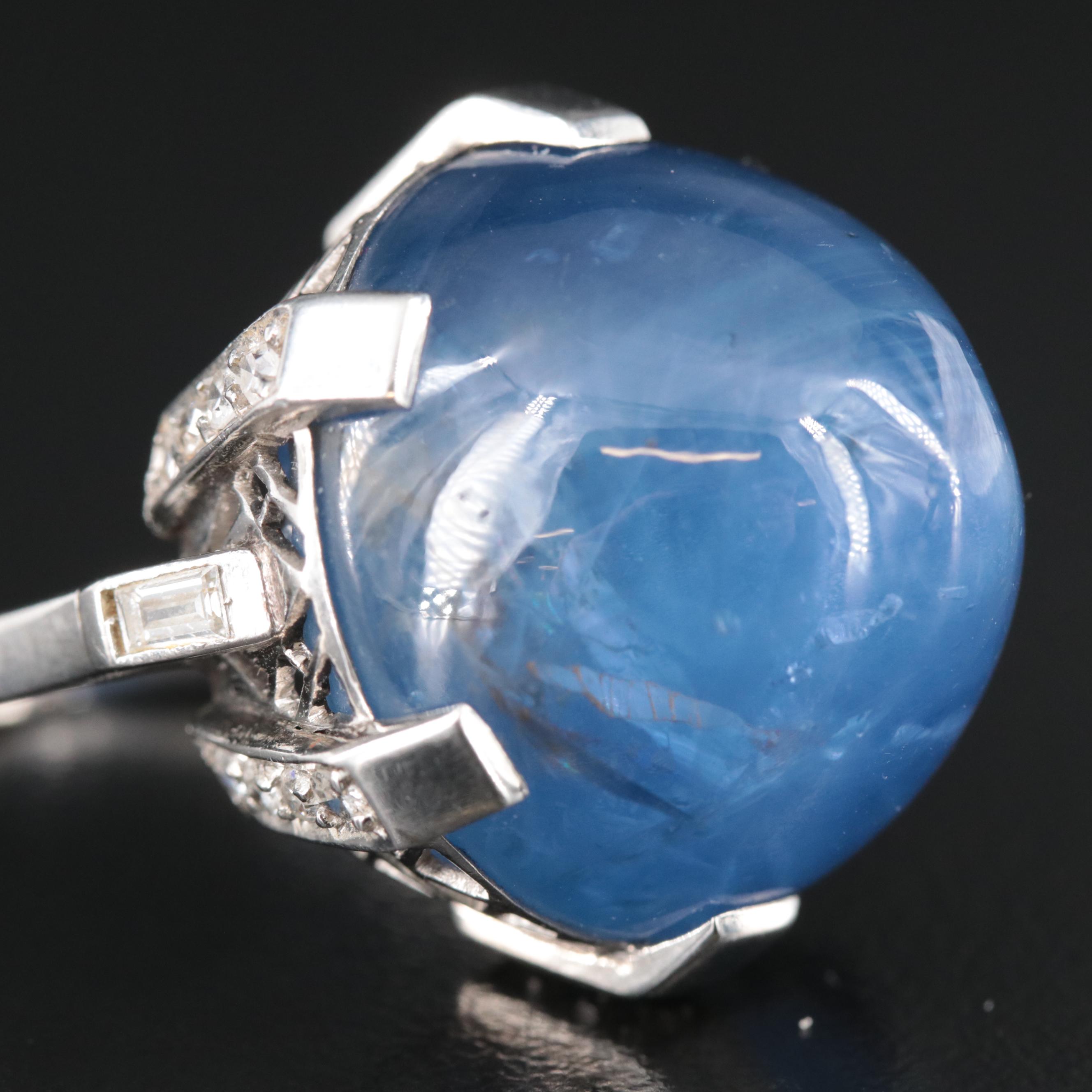 Art Deco Platinum 90.45 CT Star Sapphire and Diamond Ring
