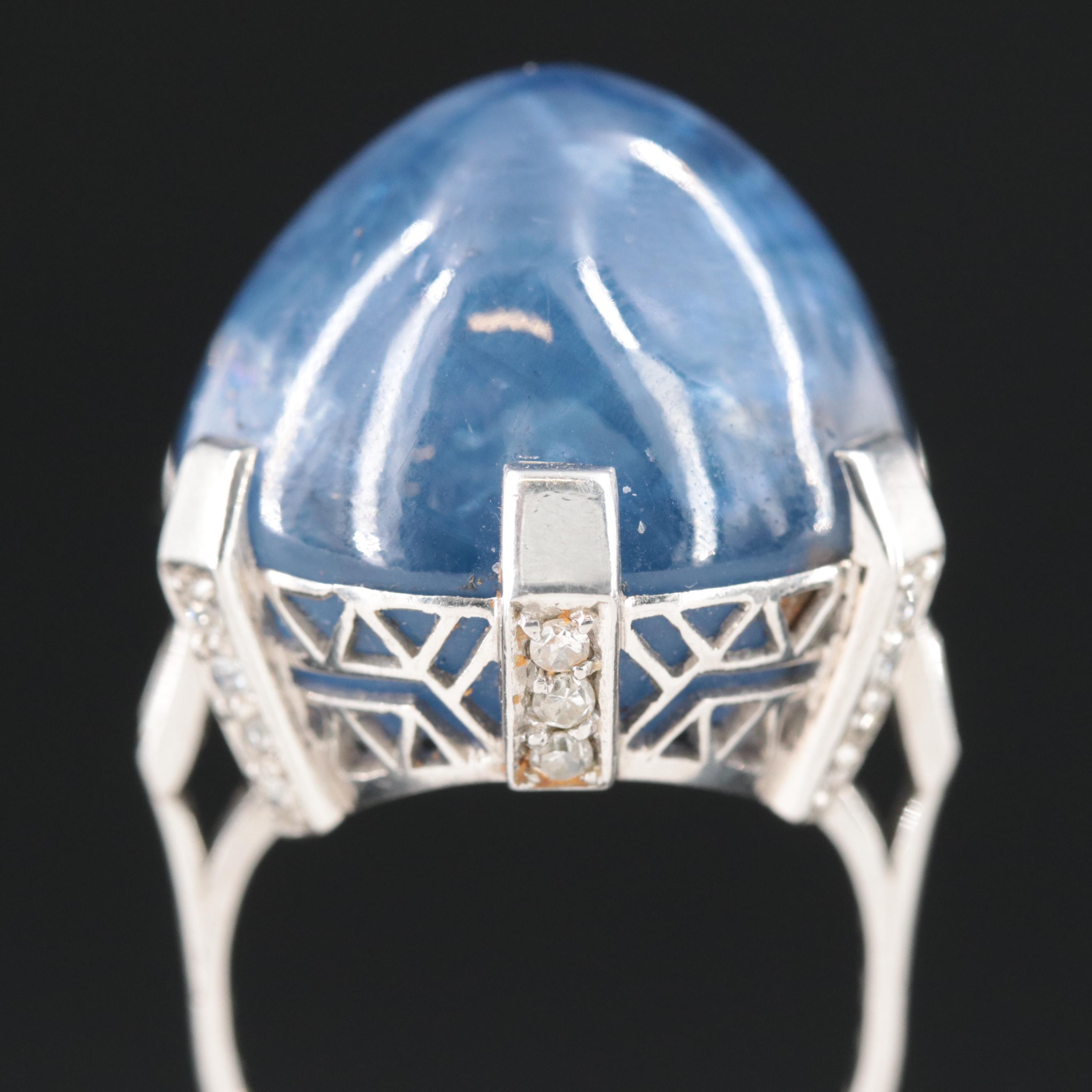 Art Deco Platinum 90.45 CT Star Sapphire and Diamond Ring
