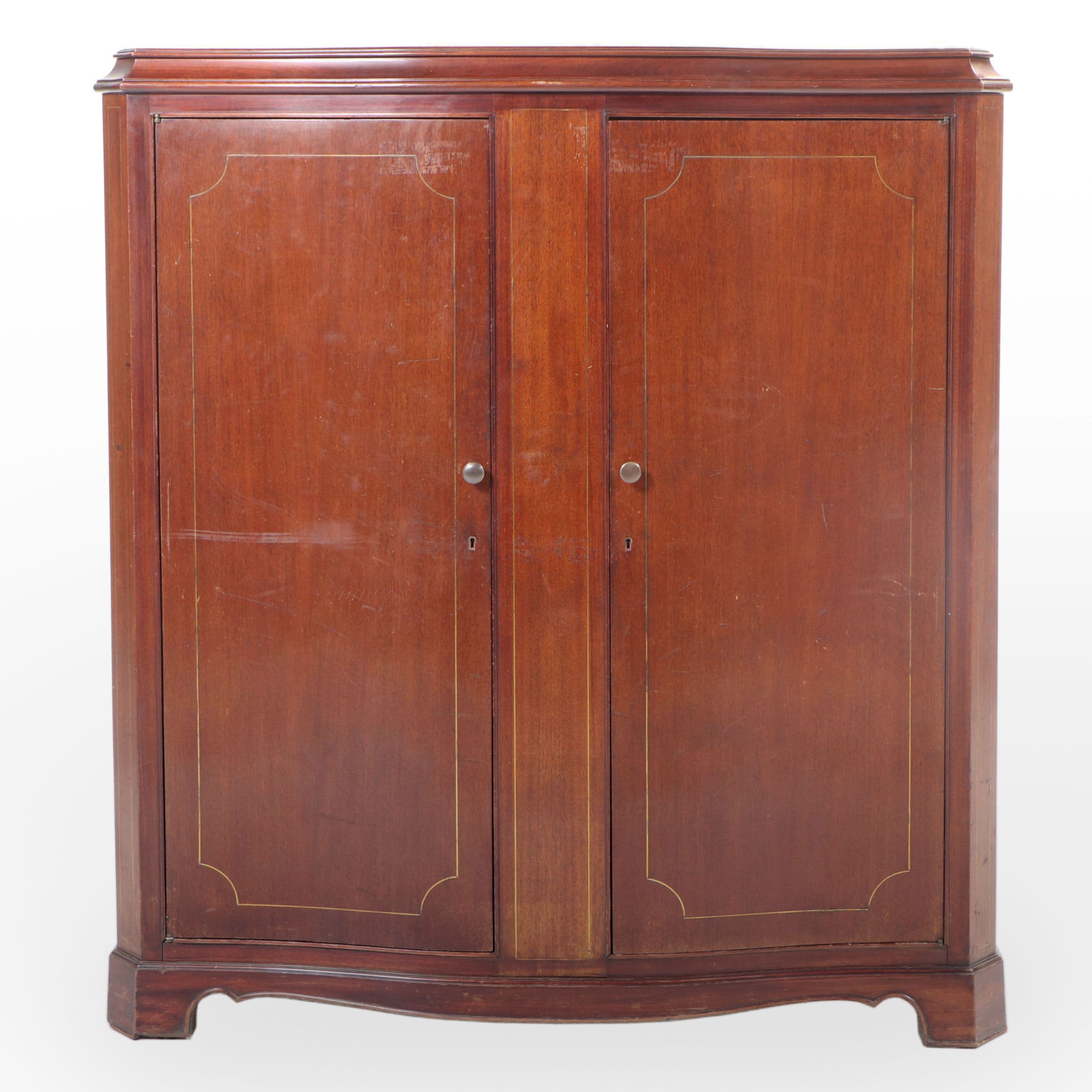 Edwardian Mahogany, Brass-Strung, and Marble Top Serpentine Side Cabinet