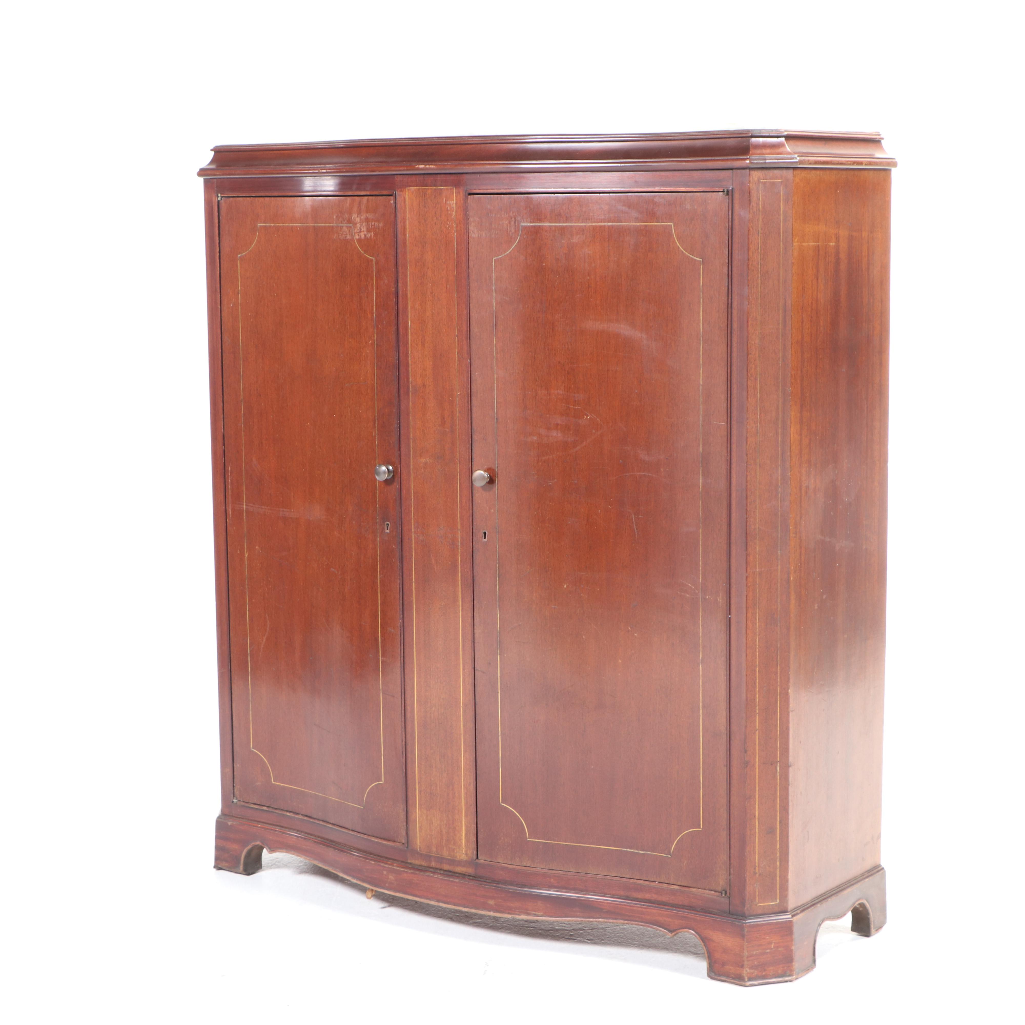 Edwardian Mahogany, Brass-Strung, and Marble Top Serpentine Side Cabinet