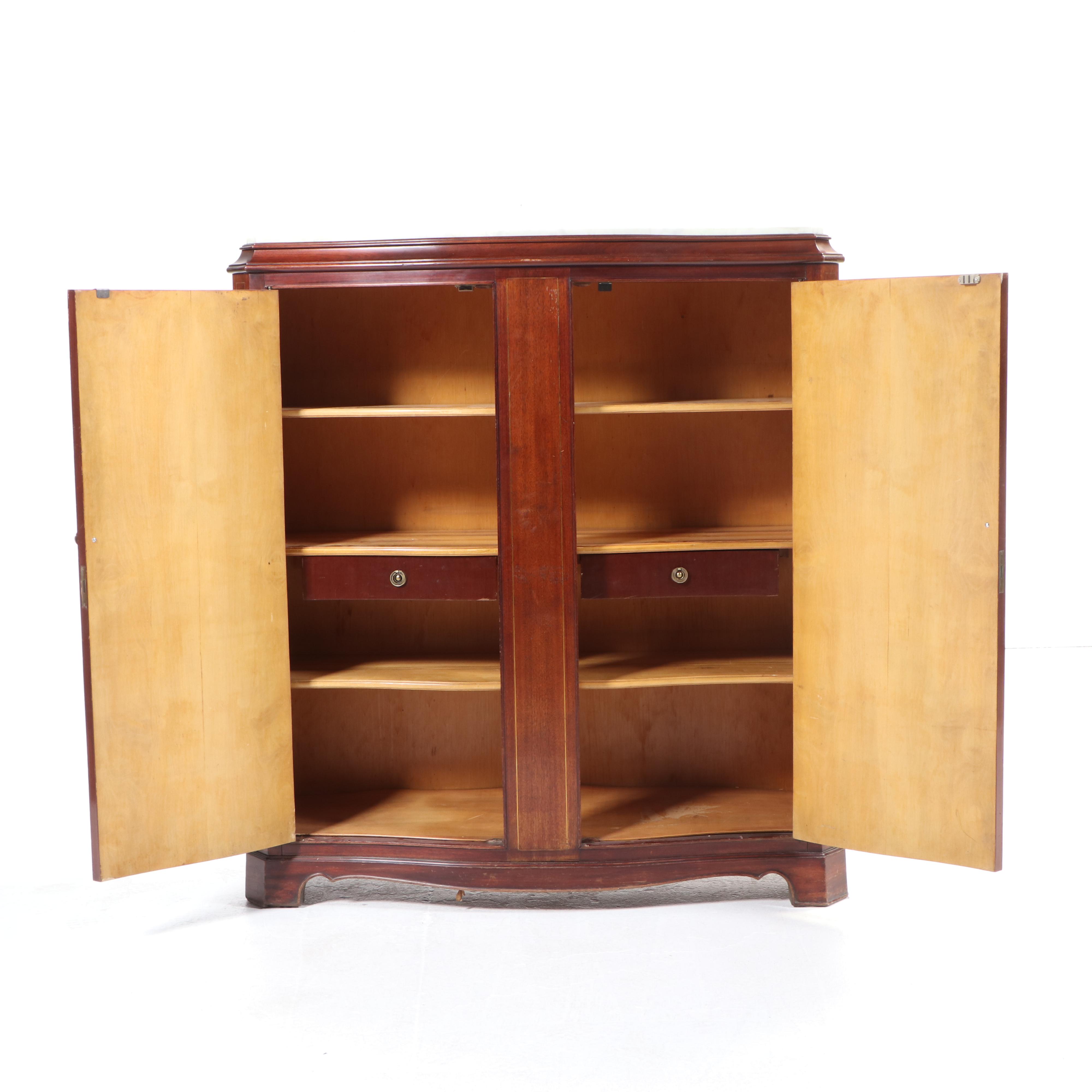 Edwardian Mahogany, Brass-Strung, and Marble Top Serpentine Side Cabinet