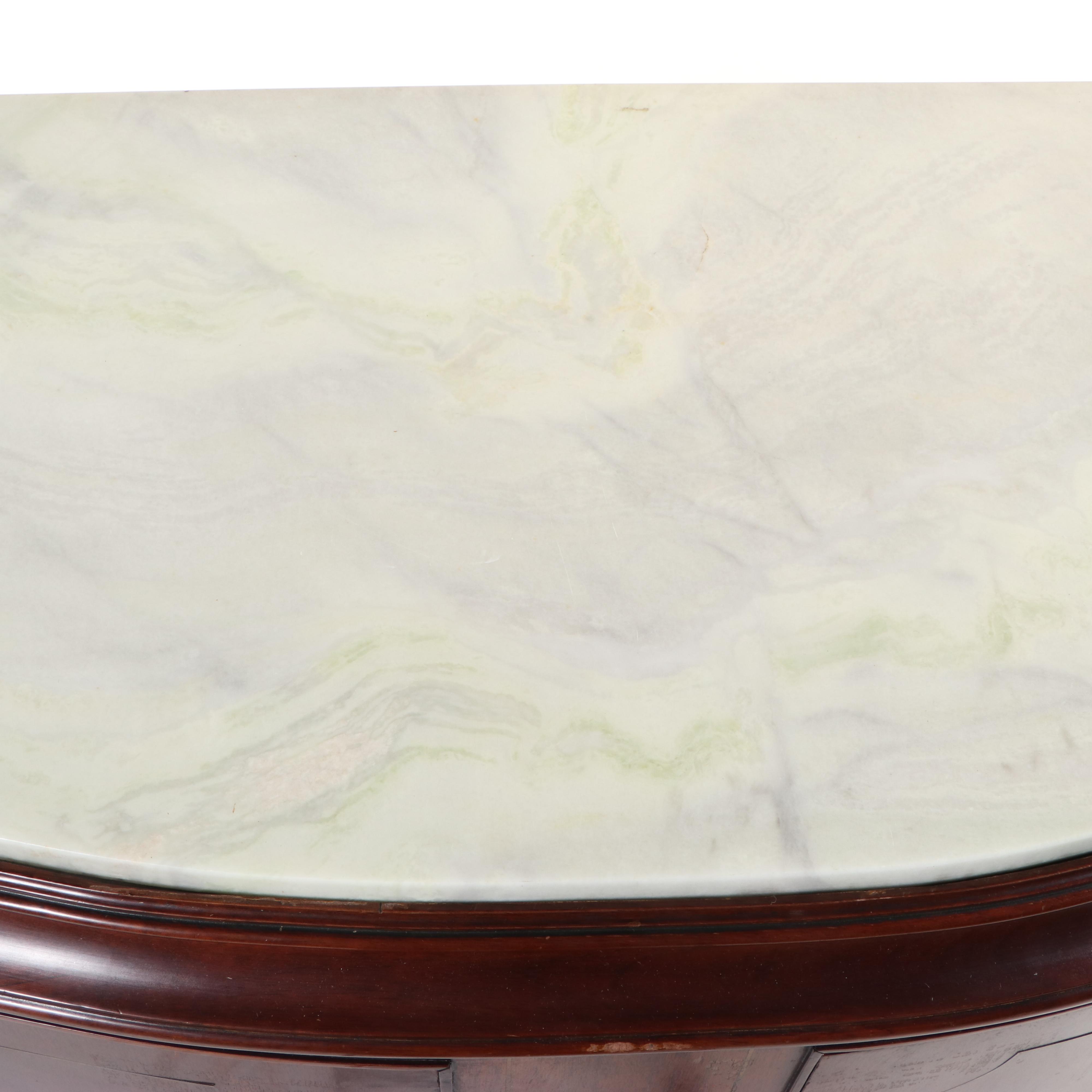 Edwardian Mahogany, Brass-Strung, and Marble Top Serpentine Side Cabinet