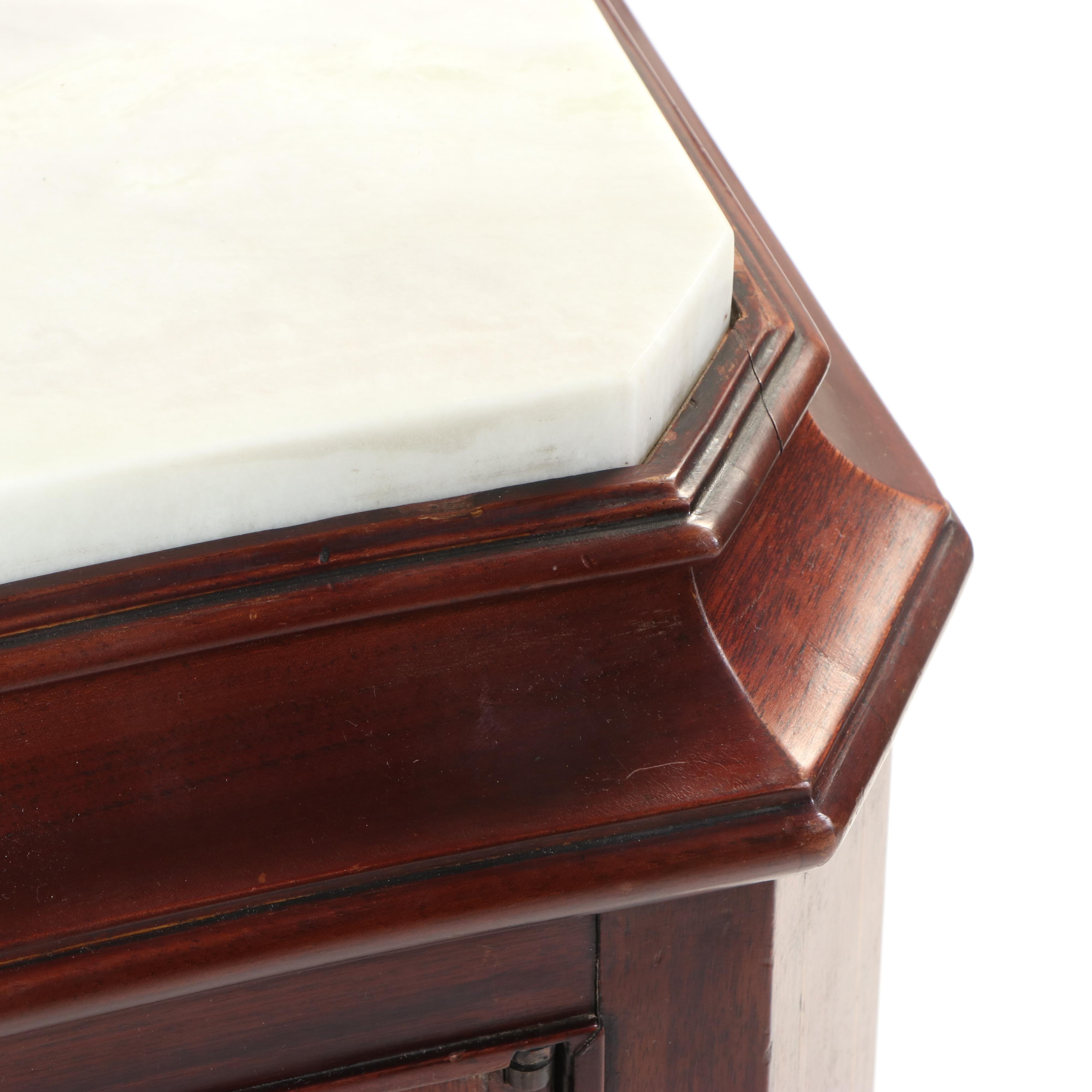 Edwardian Mahogany, Brass-Strung, and Marble Top Serpentine Side Cabinet