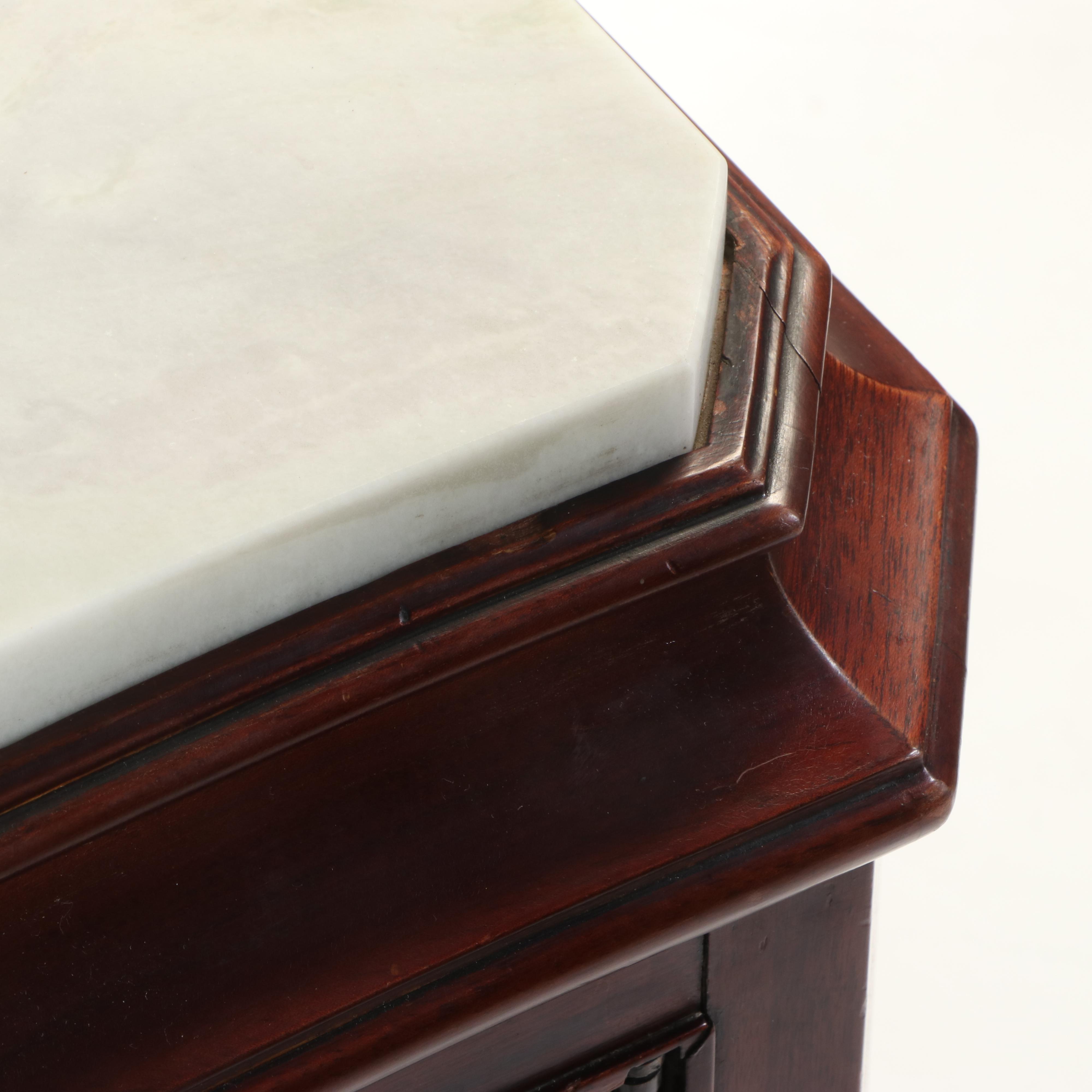 Edwardian Mahogany, Brass-Strung, and Marble Top Serpentine Side Cabinet
