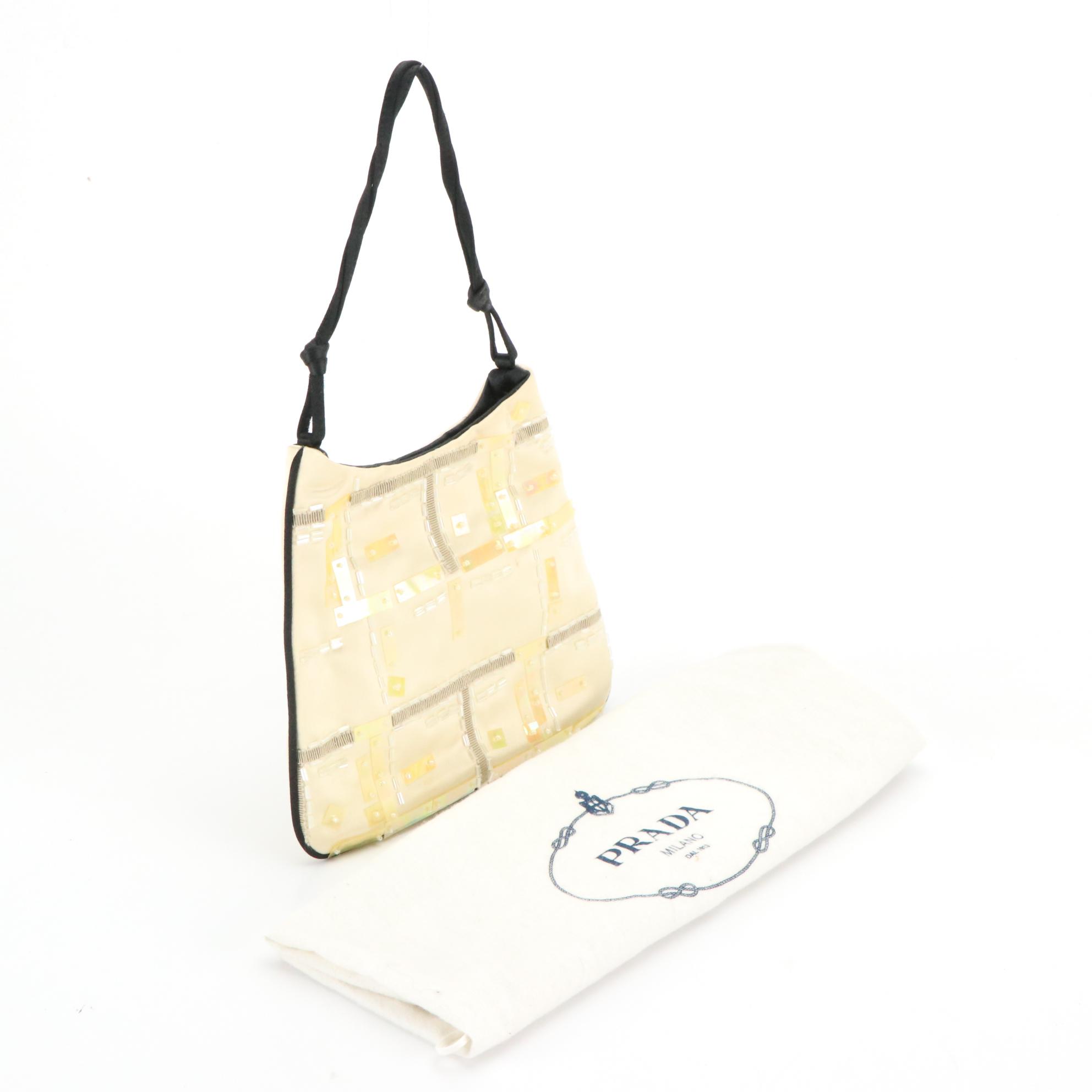 Prada Bead Embellished Ivory Satin Mini Evening Handbag