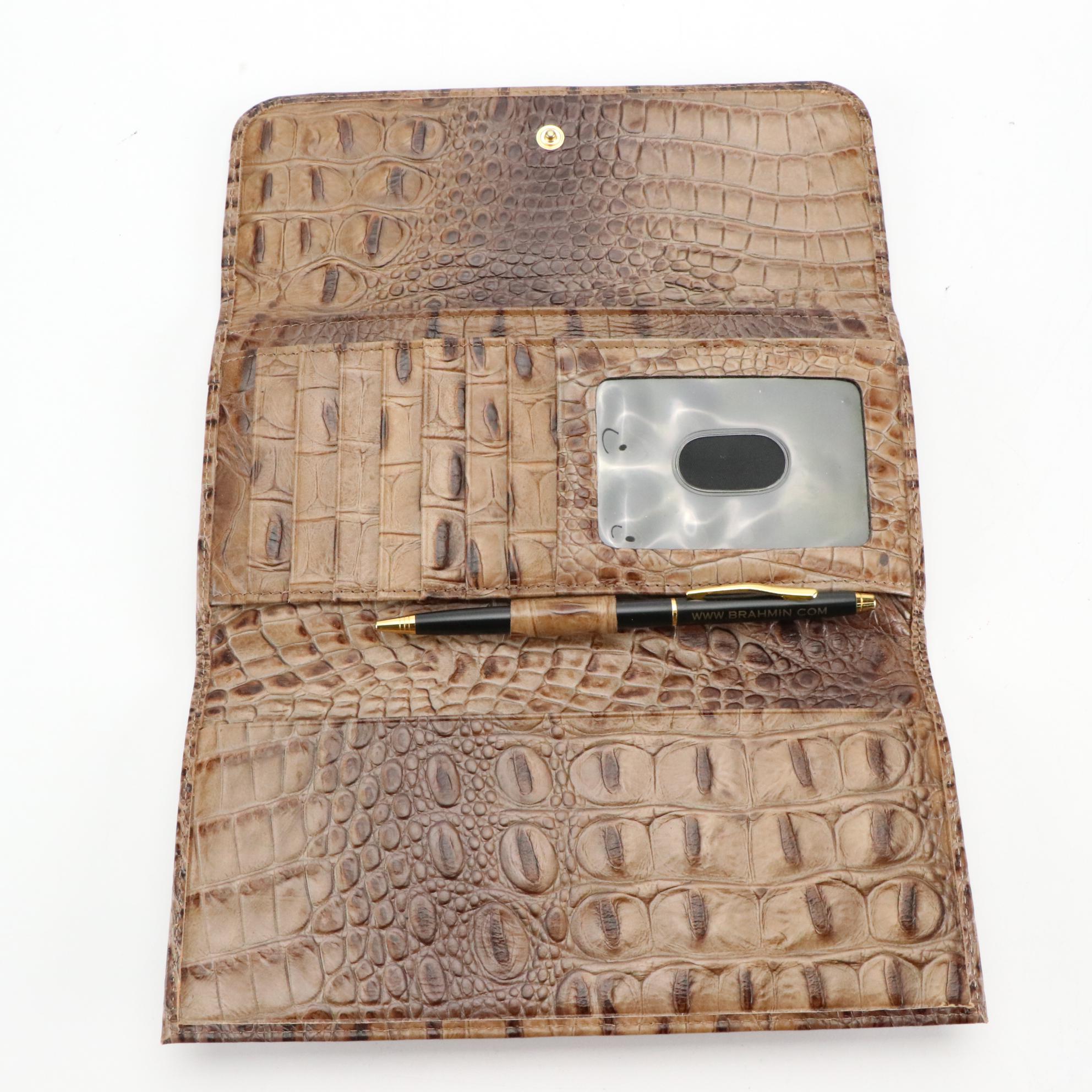 Brahmin Taupe Brown Alligator Leather Trifold Checkbook Wallet and Cover