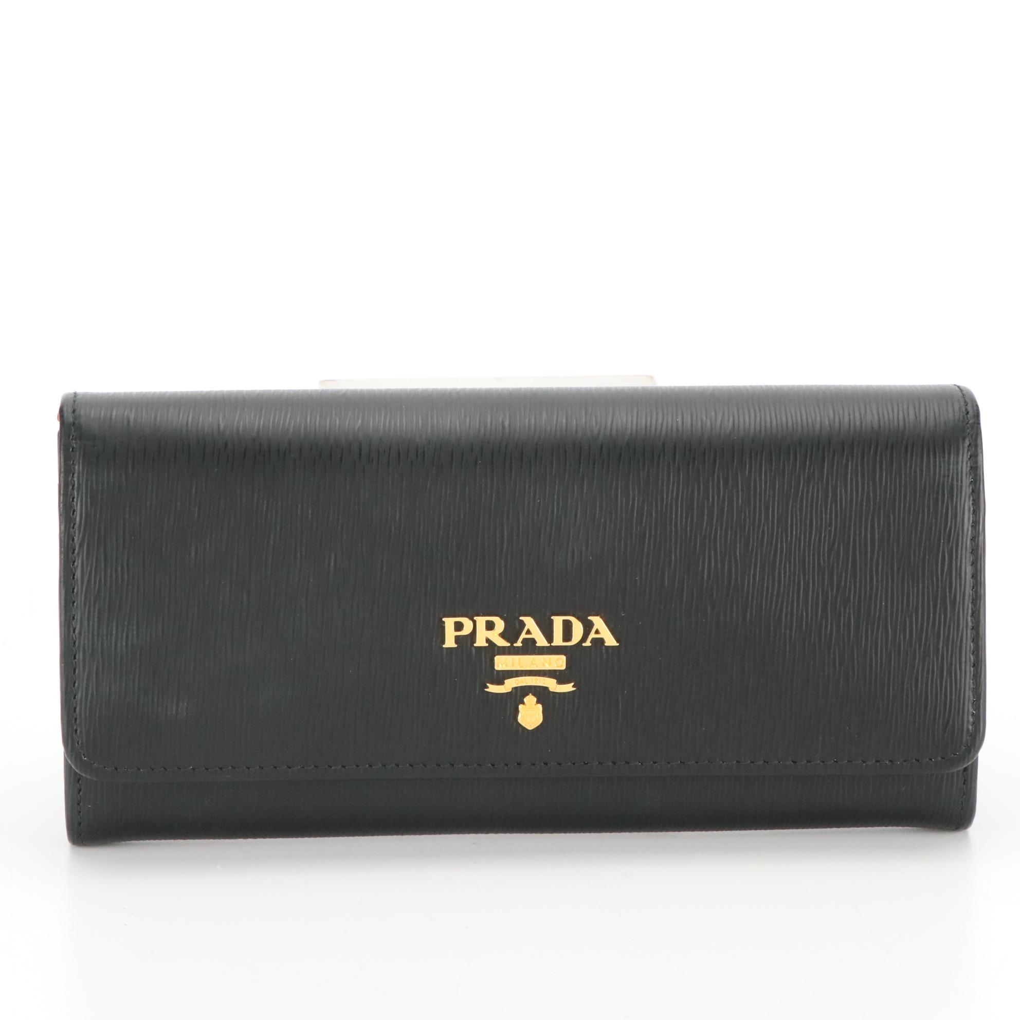 Prada Black Lacca Vitello Move Leather Continental Wallet in Box