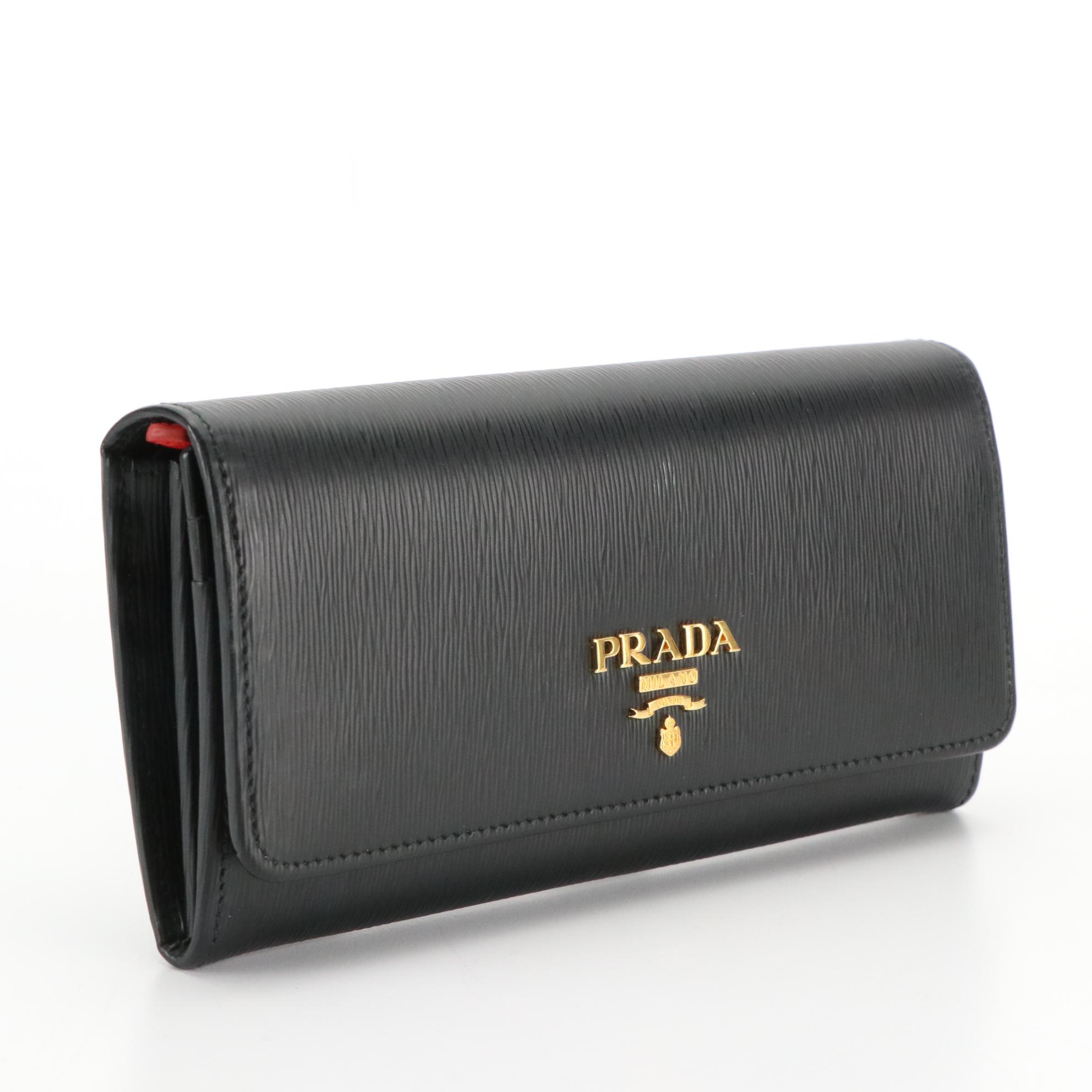 Prada Black Lacca Vitello Move Leather Continental Wallet in Box