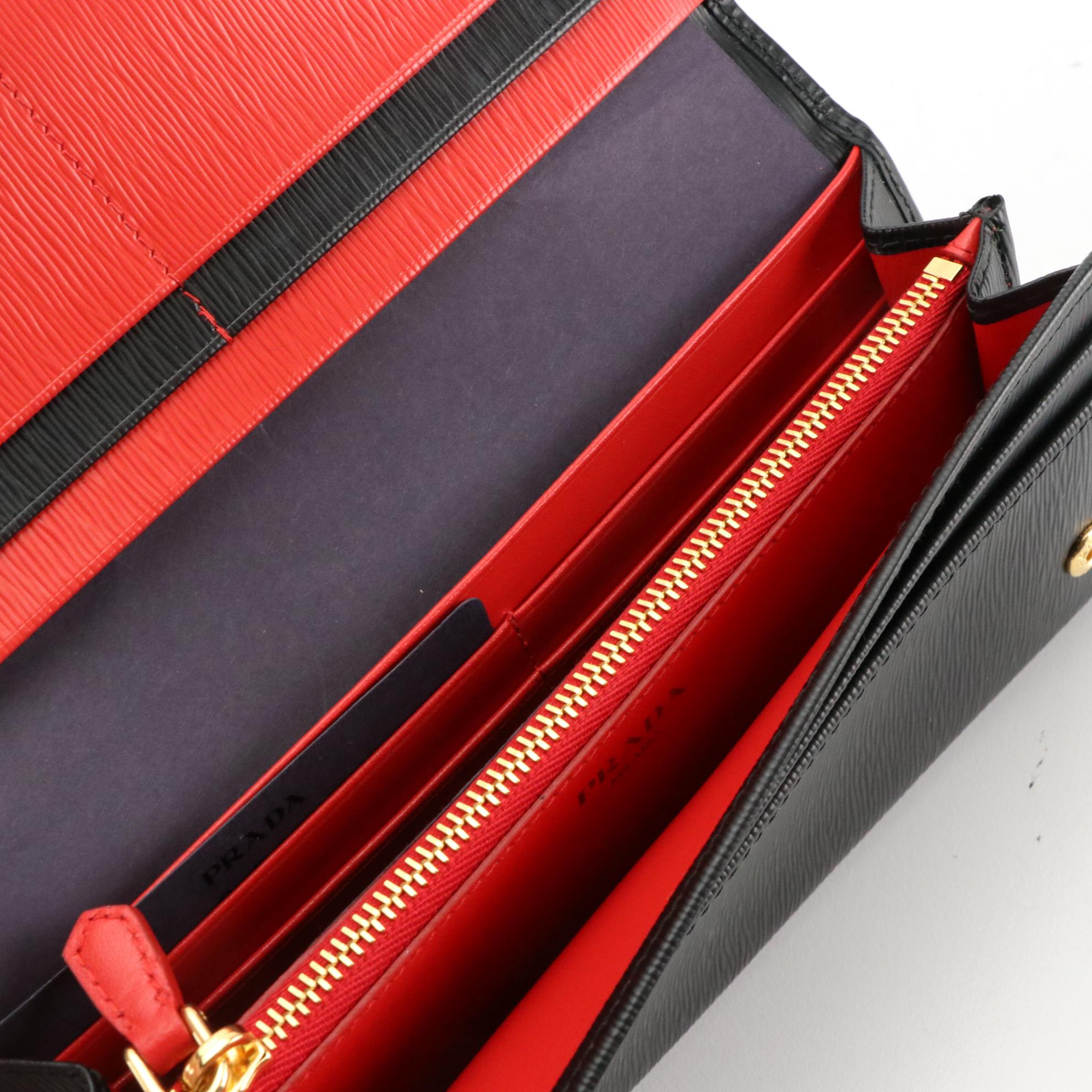 Prada Black Lacca Vitello Move Leather Continental Wallet in Box