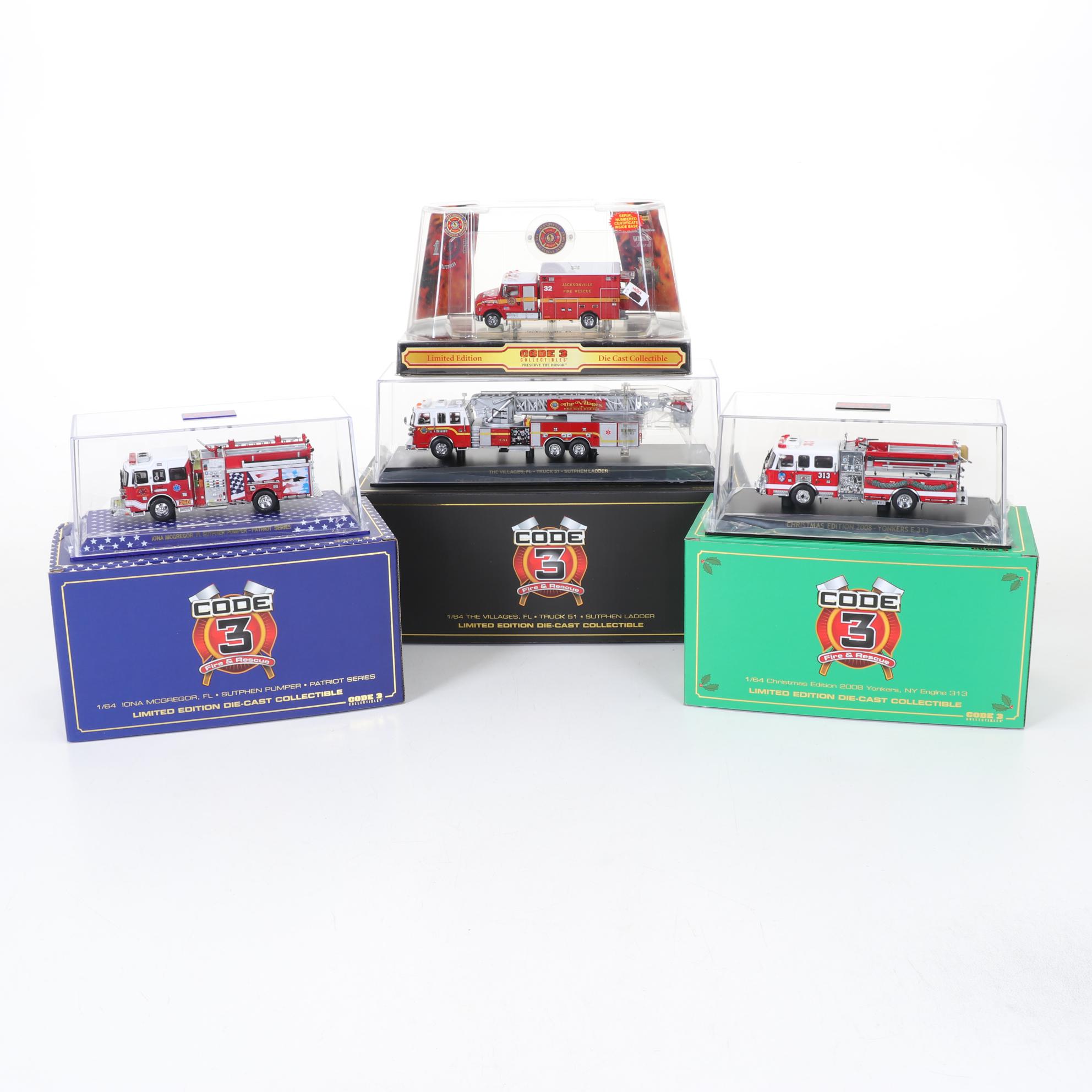 Four Code 3 Limited Edition Die Cast 1/64 Scale Fire Trucks, 21st Century
