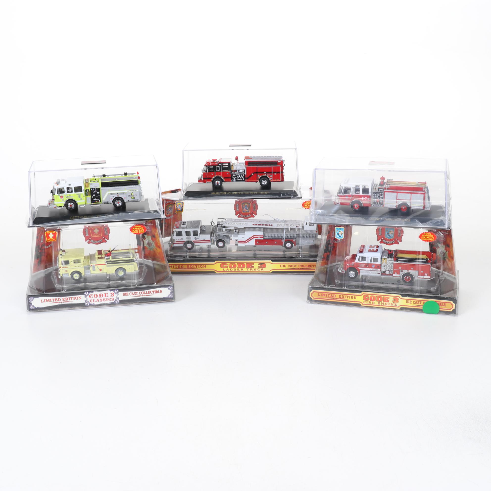 Six Code 3 Limited Edition Die Cast 1/64 Scale Fire Trucks, 21st Century