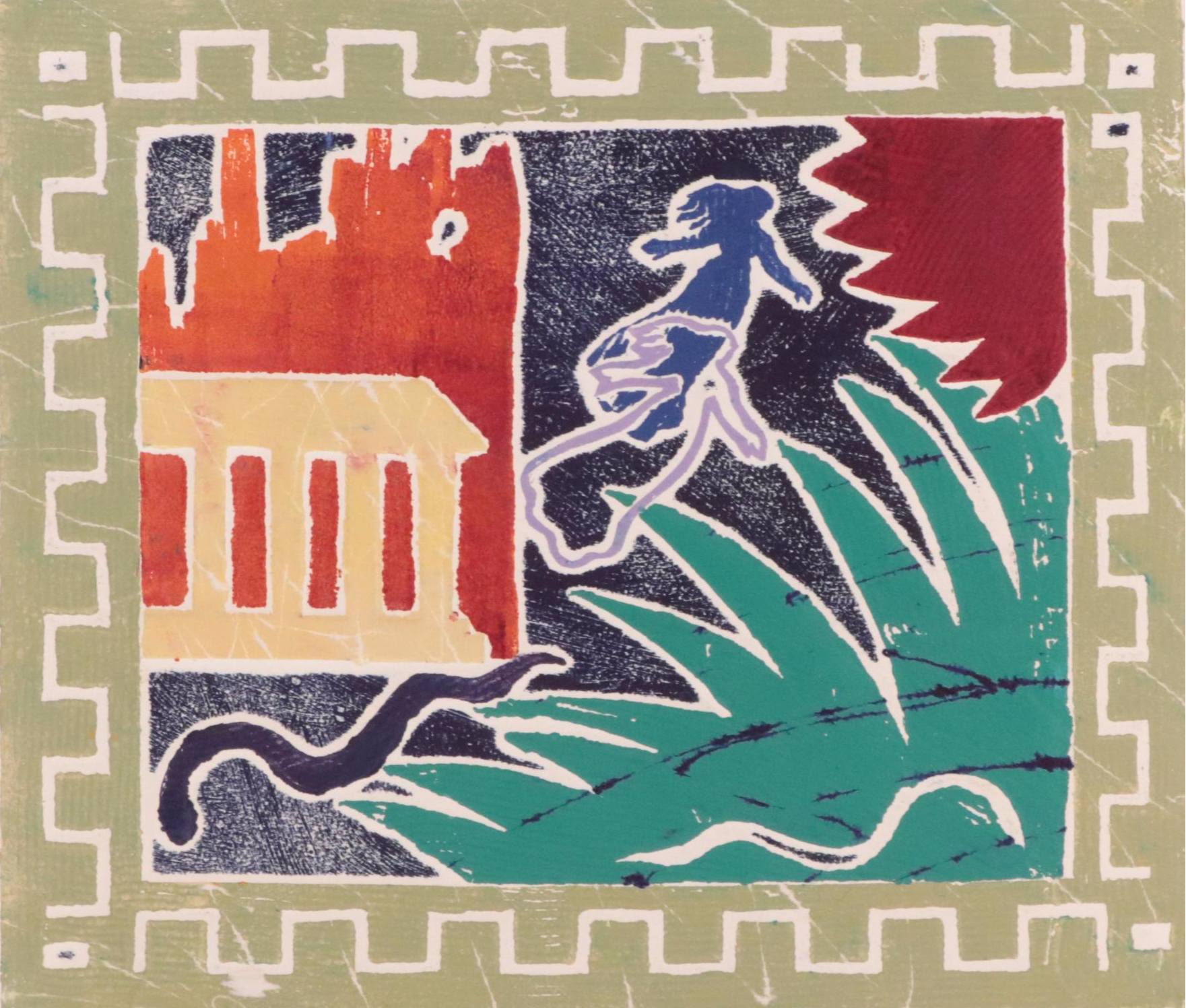 Sheila Bonser Stylized Surrealist Collagraph "The Prophecy"