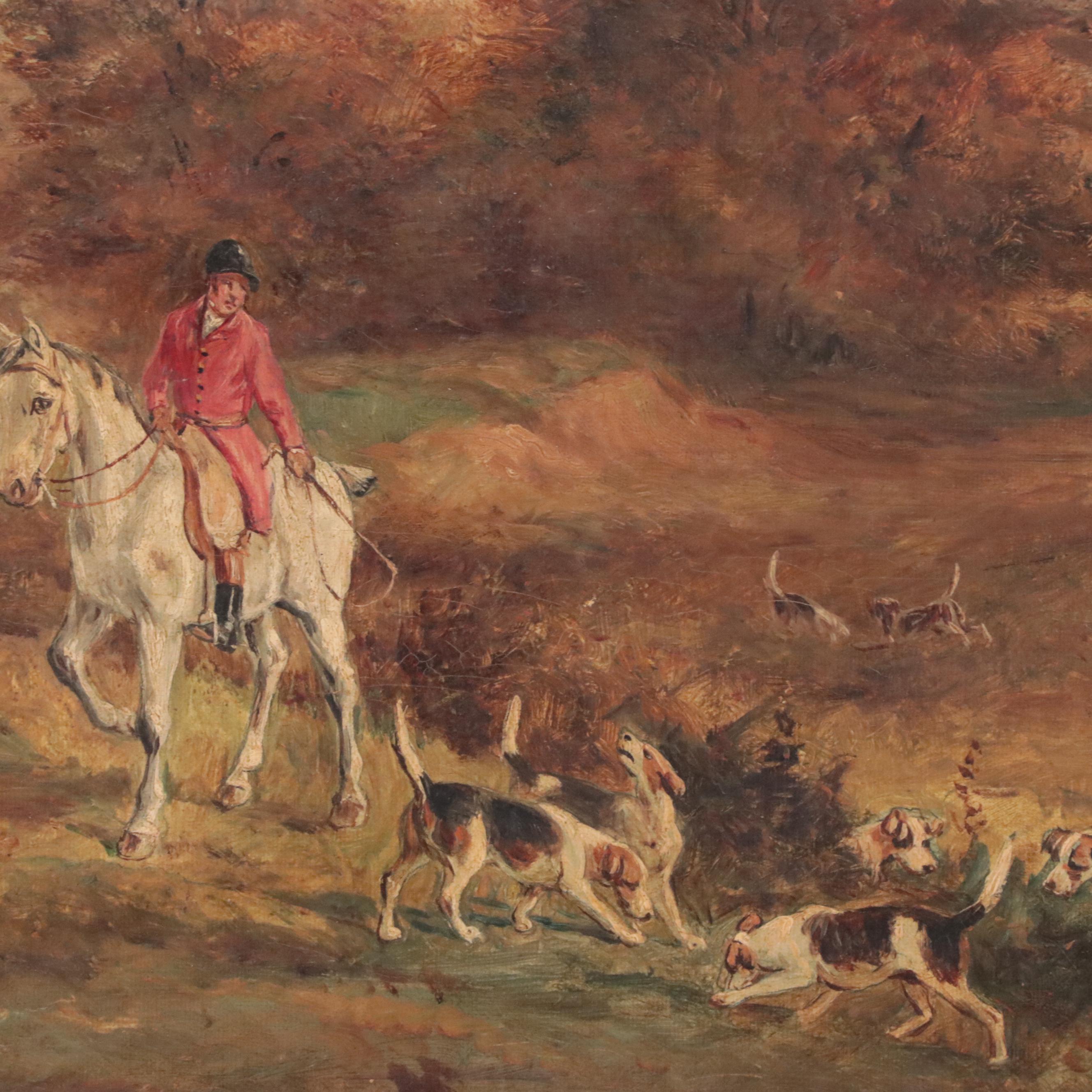 English School Oil Painting of Hunting Scene, Late 19th Century